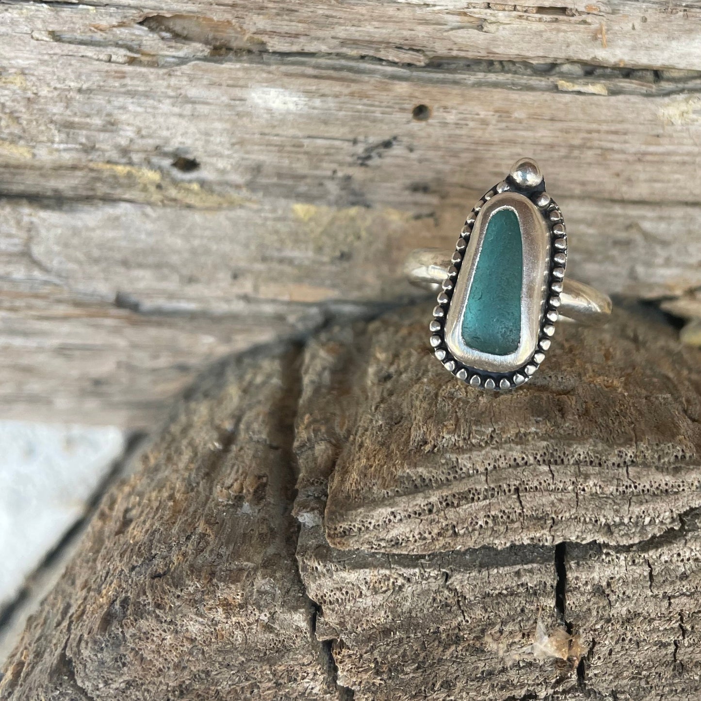 Beaded Teal Blue Sea Glass Ring - Size 7