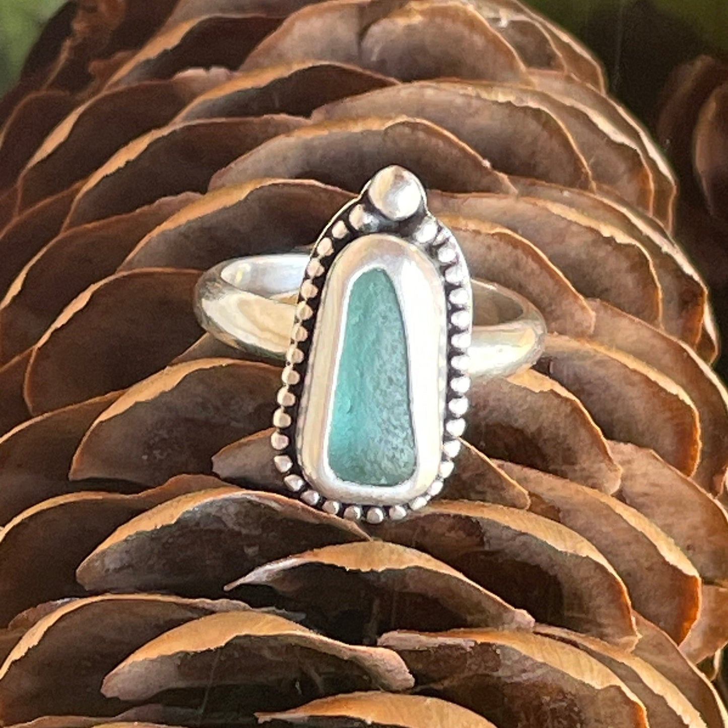 Beaded Teal Blue Sea Glass Ring - Size 7