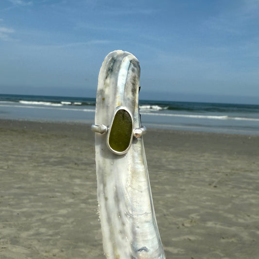 Olive Green Sea Glass Ring - Size 6.5