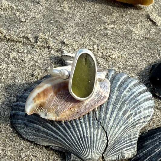 Olive Green Sea Glass Ring - Size 6.5