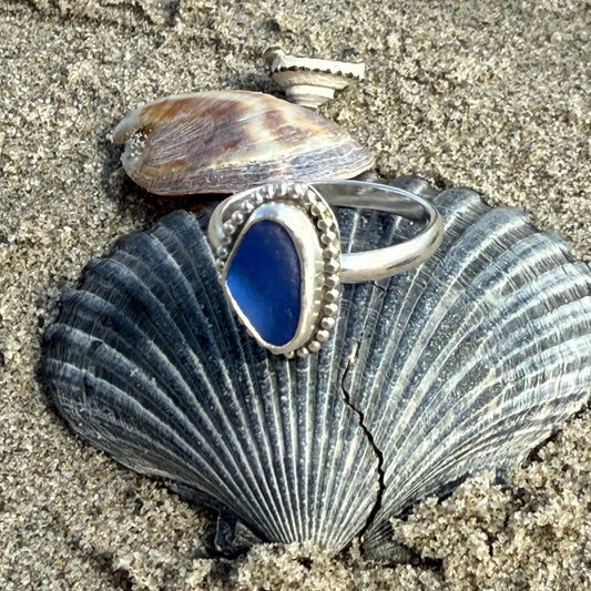 Cornflower Blue Sea Glass Ring - Size 7.5