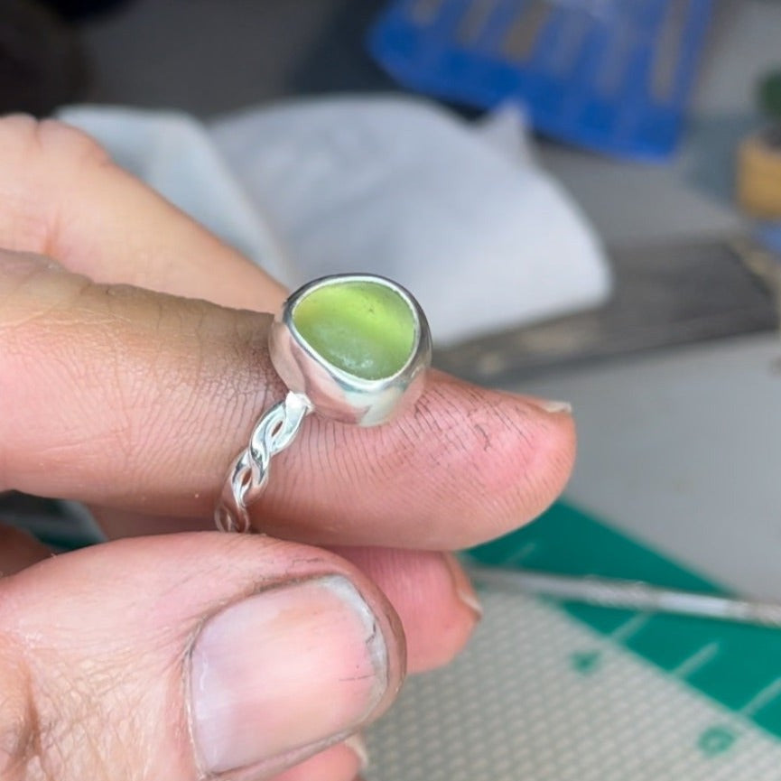 Olive Green Sea Glass Ring - Size 8