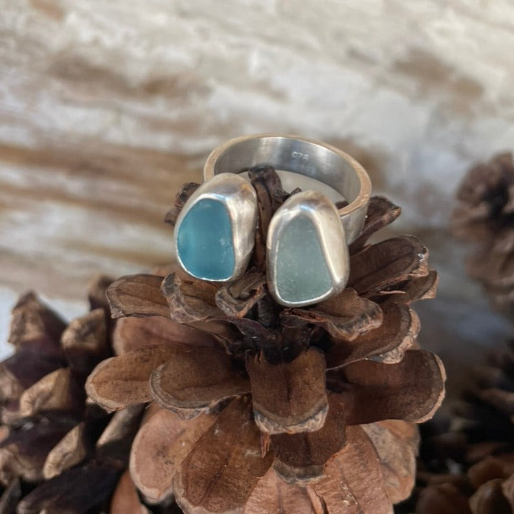 Teal Blue & Sea Foam Blue Commissioned Sea Glass Ring