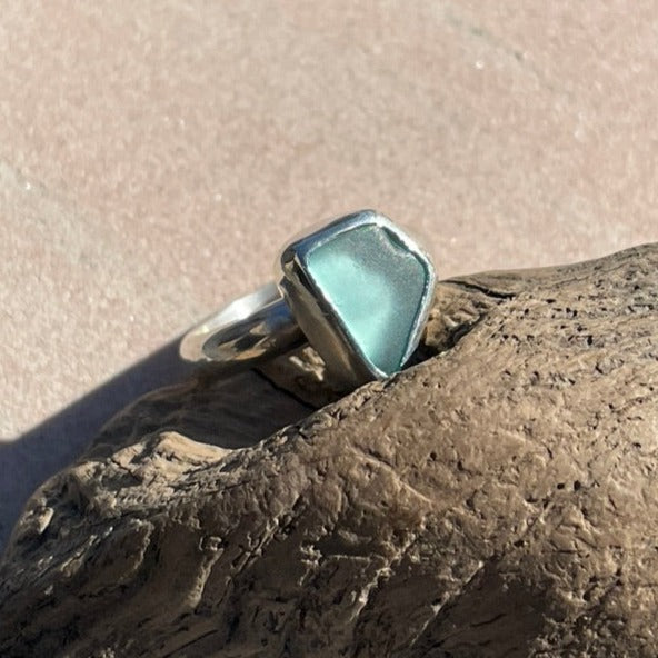 Teal Blue Sea Glass Ring - Size 4.74