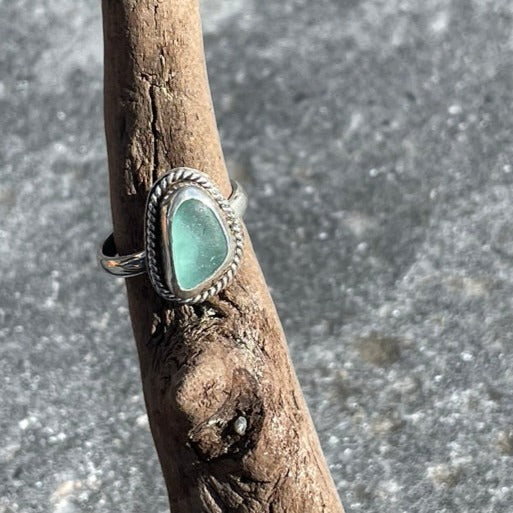 Mother Daughter Twisted Teal Blue Sea Glass Rings - Size 6.25 & 7.5