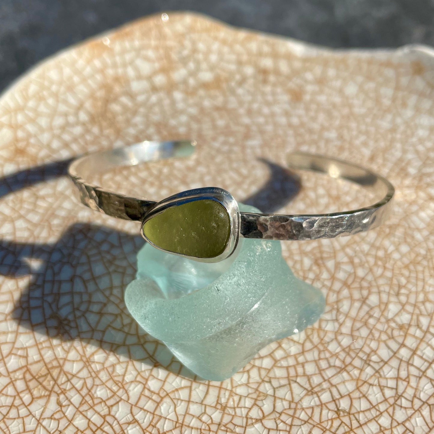 Pale Olive Green Hammered Sea Glass Cuff Bracelet