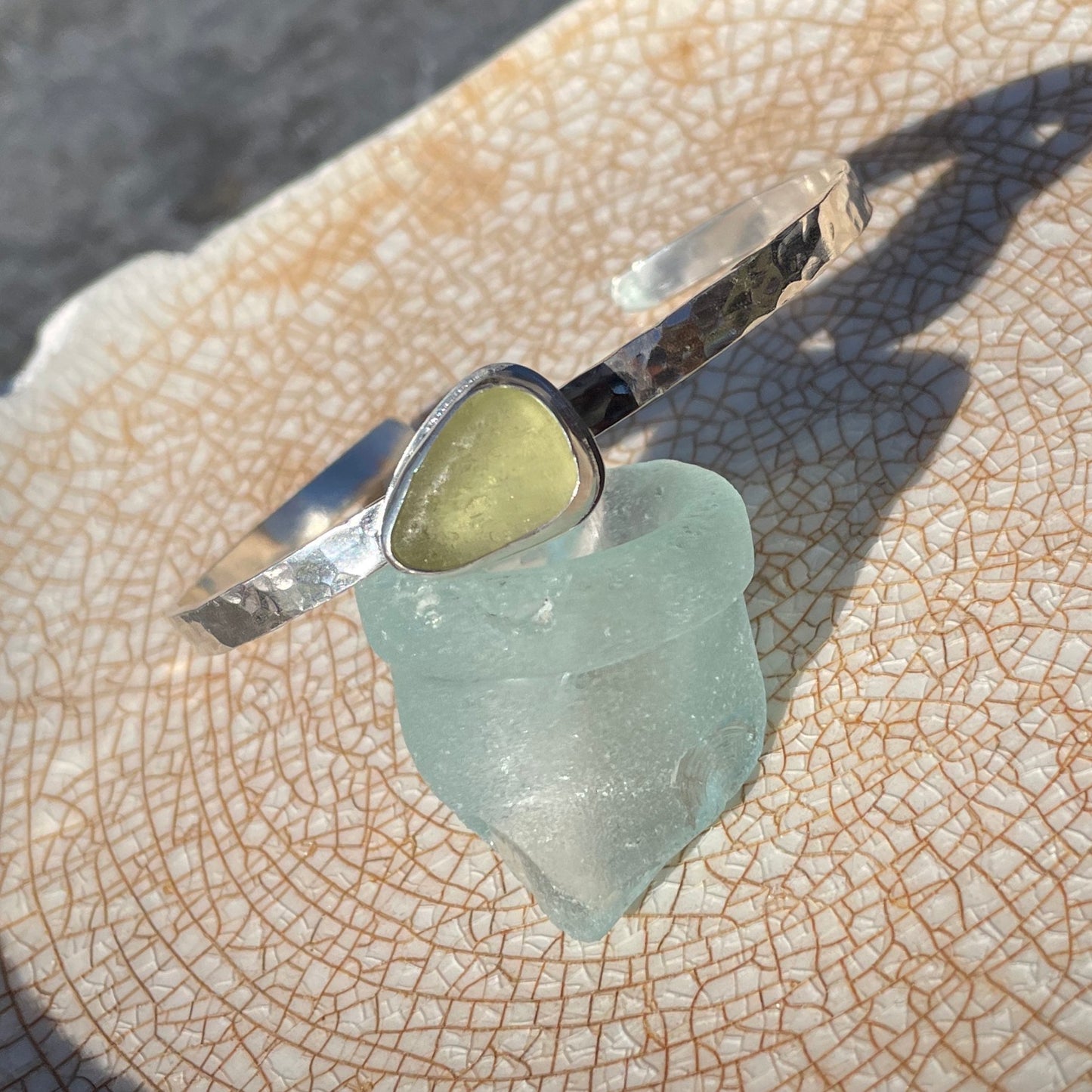 Pale Olive Green Hammered Sea Glass Cuff Bracelet