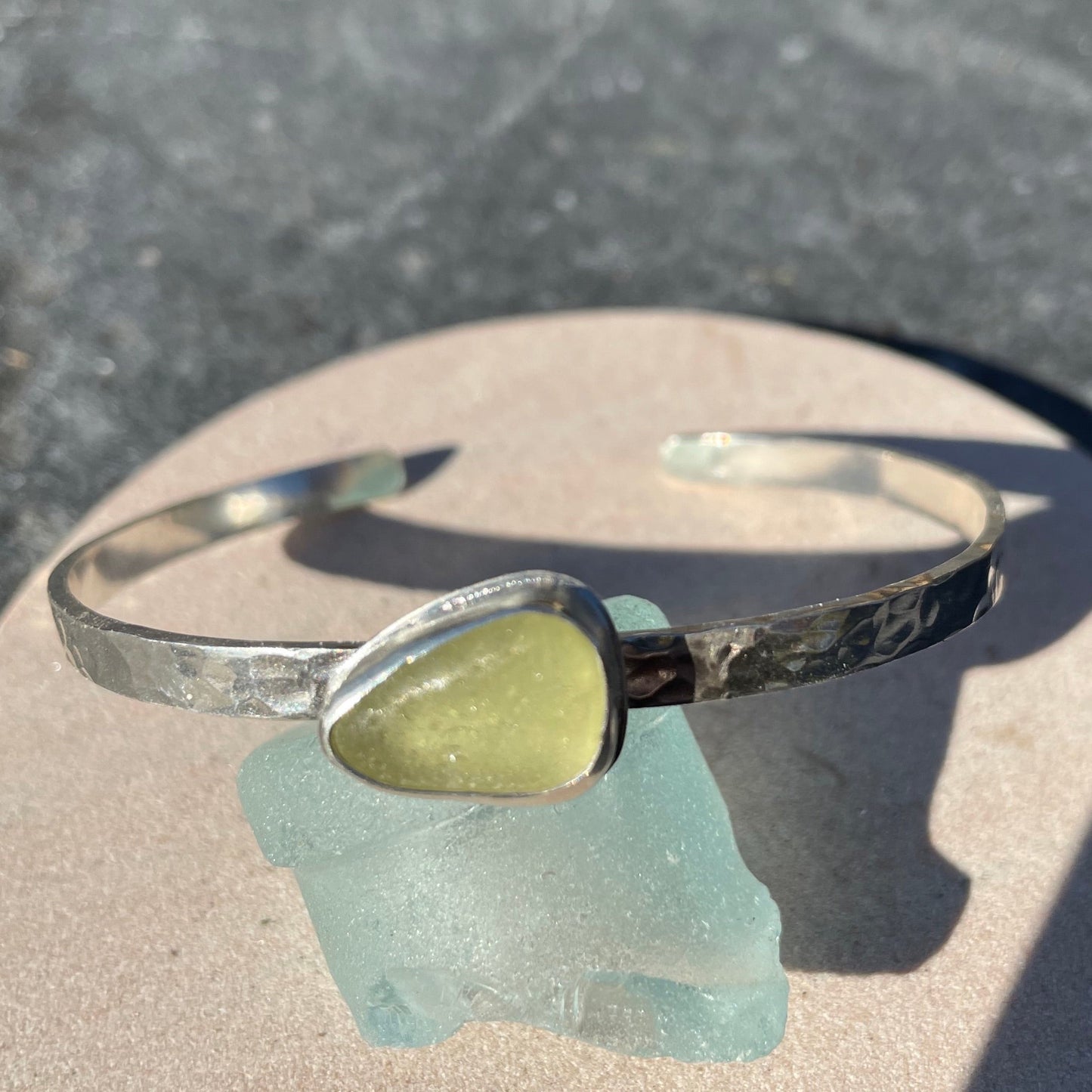 Pale Olive Green Hammered Sea Glass Cuff Bracelet