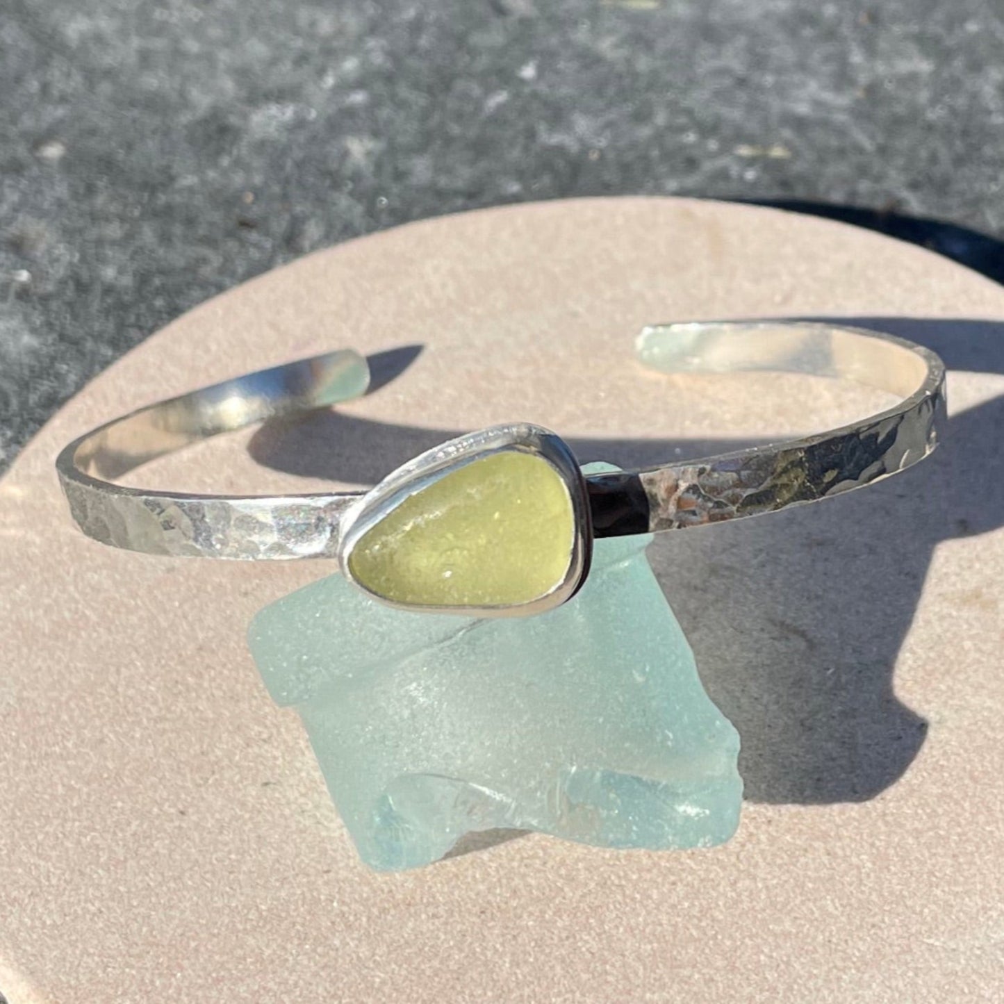 Pale Olive Green Hammered Sea Glass Cuff Bracelet