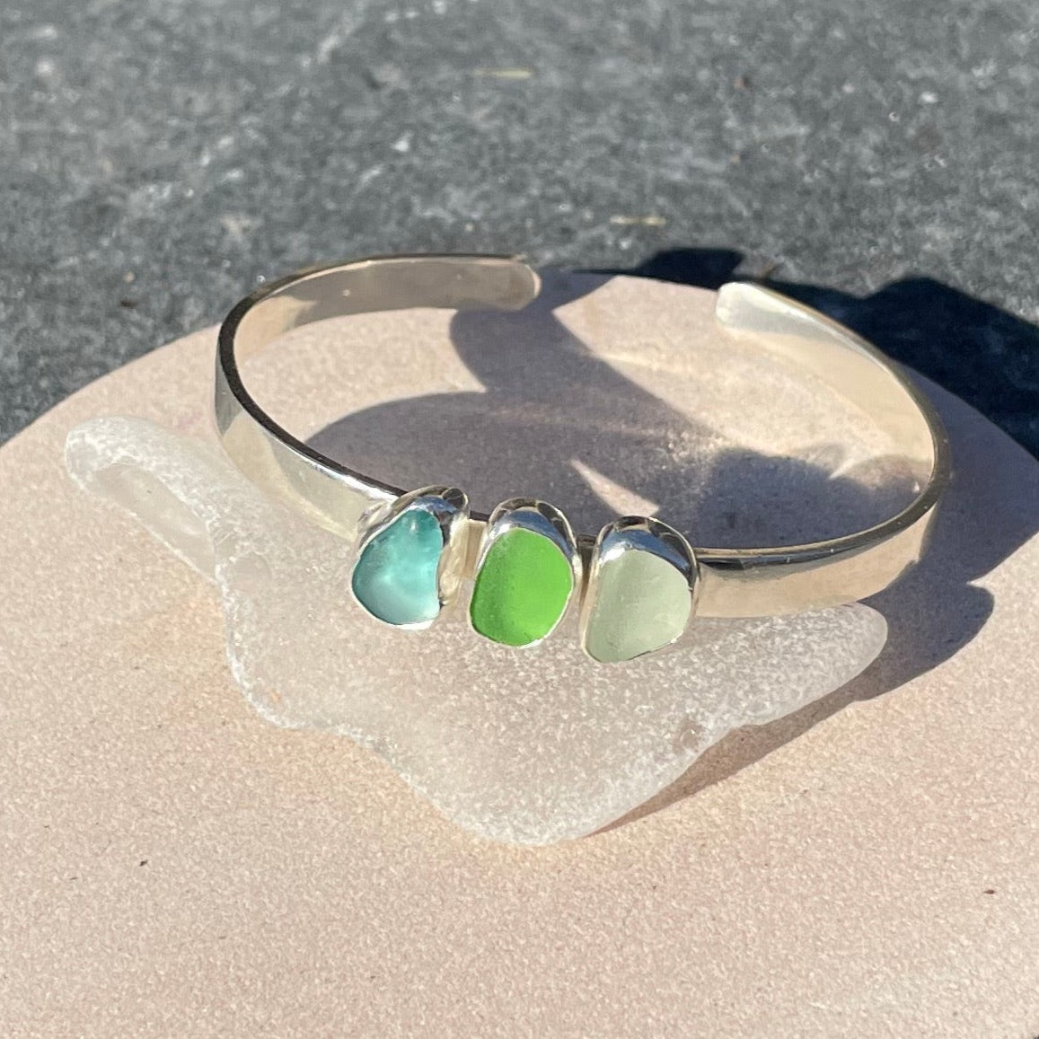 Tri Colored Sea Glass Cuff Bracelet