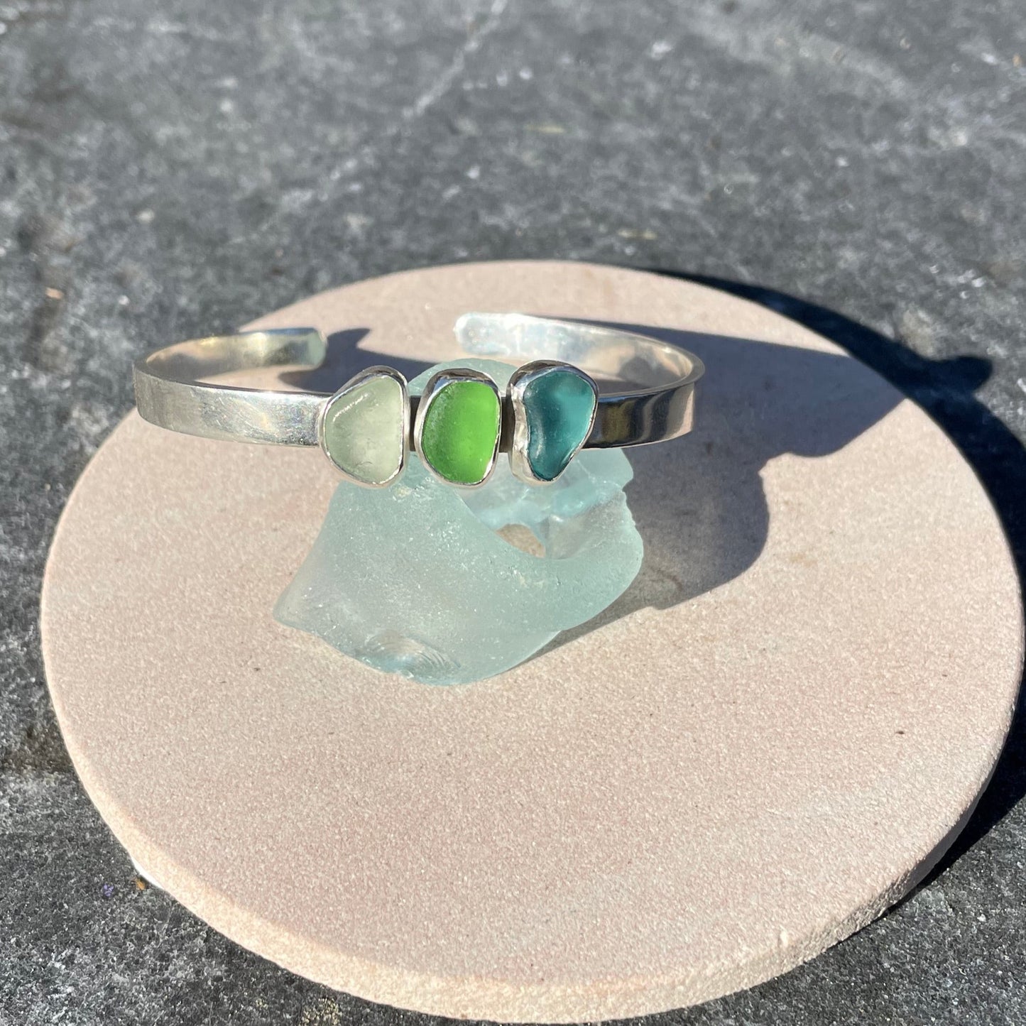 Tri Colored Sea Glass Cuff Bracelet