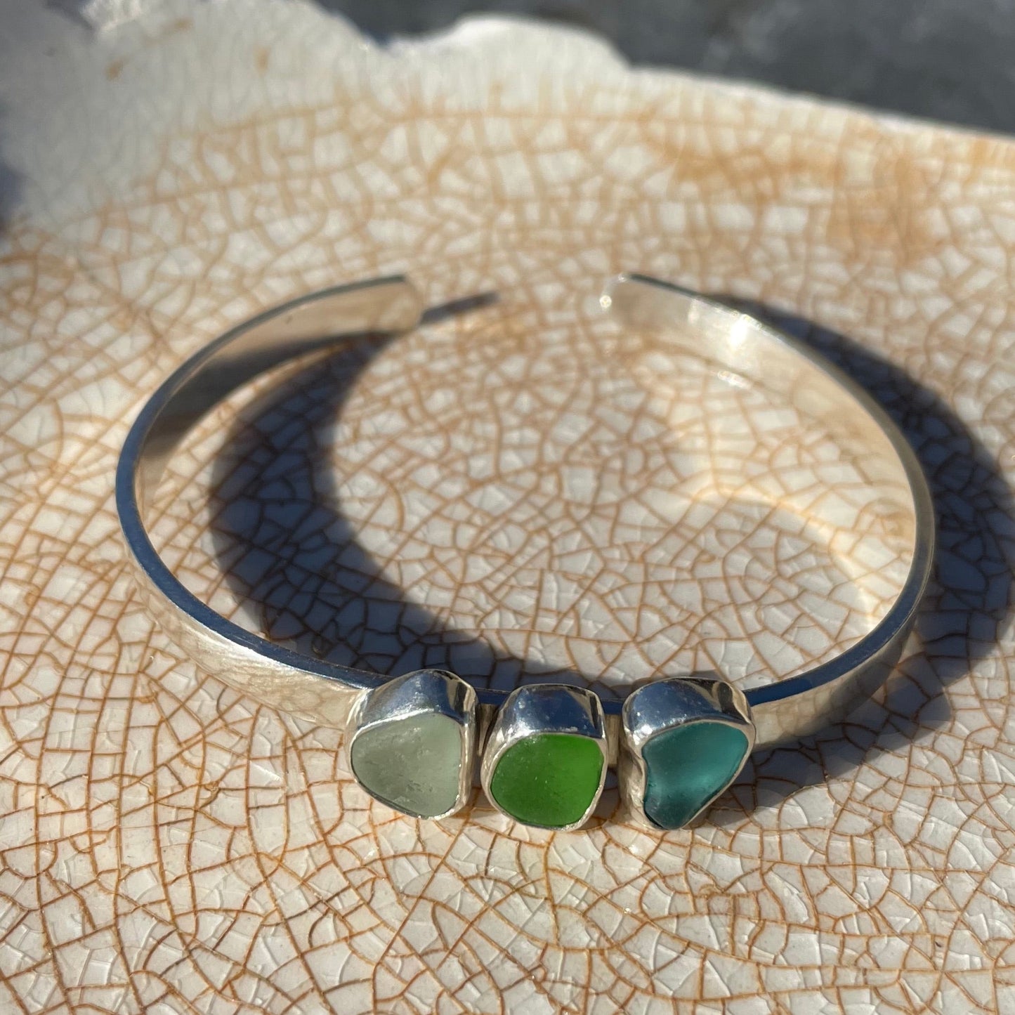 Tri Colored Sea Glass Cuff Bracelet