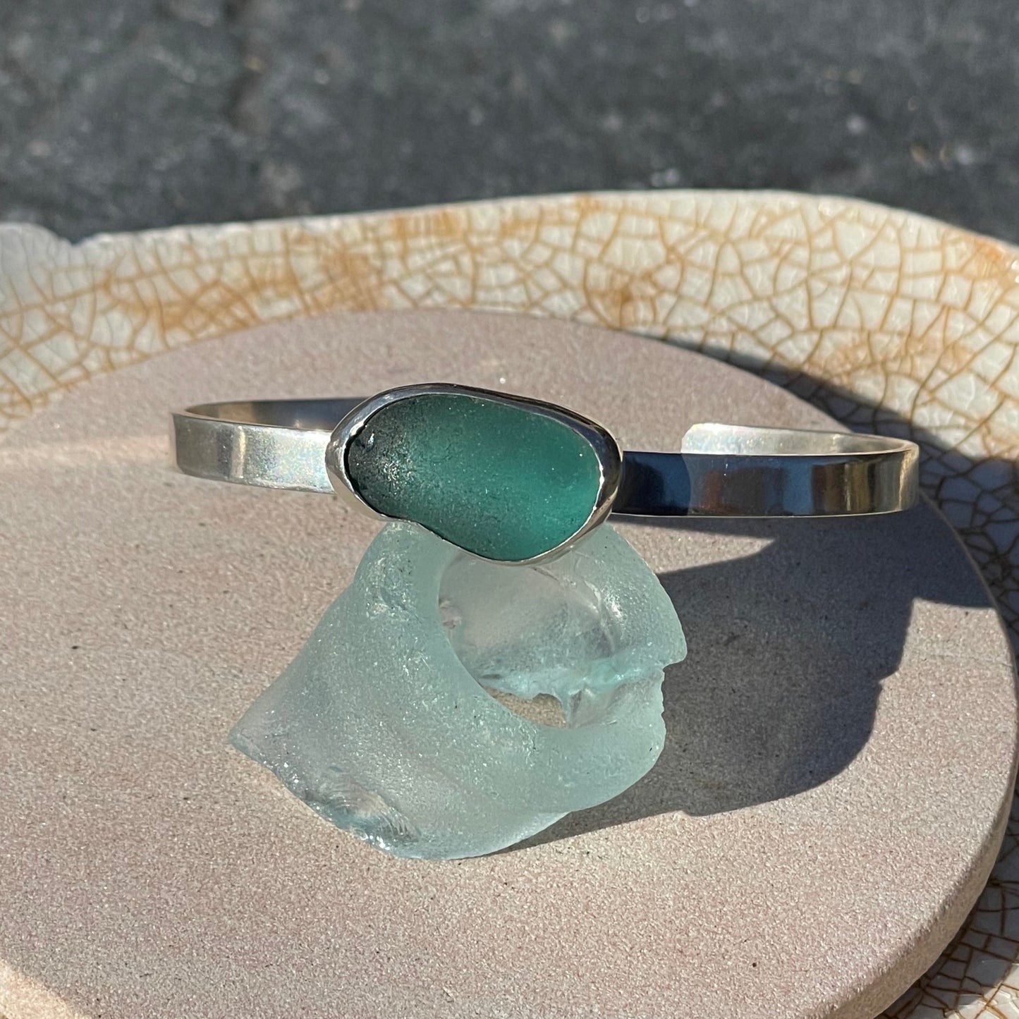 Teal Blue Sea Glass Cuff Bracelet