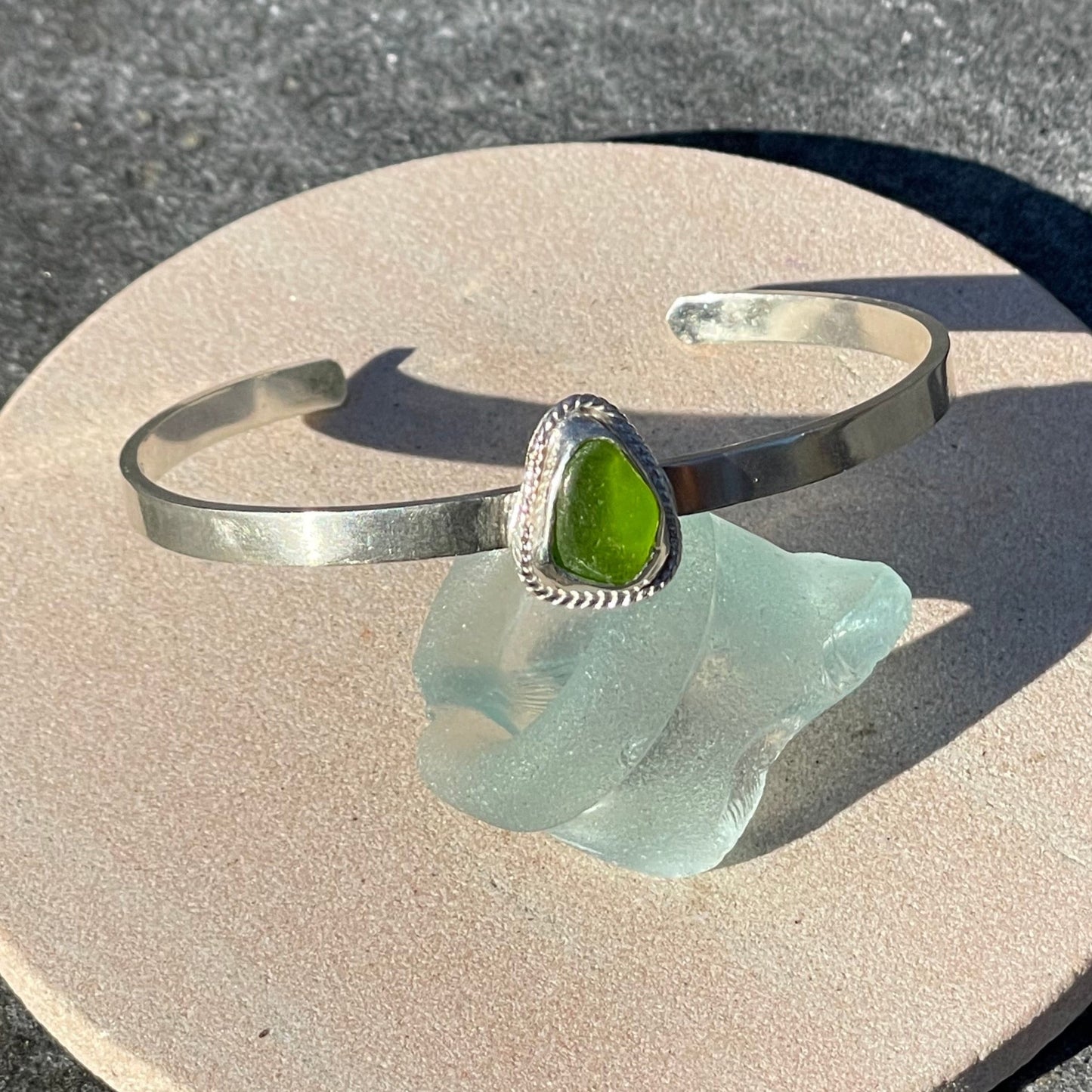 Twisted Soft Green Sea Glass Cuff Bracelet