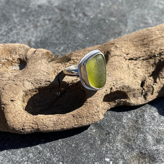 Light Olive Green Sea Glass Ring - Size 7.5