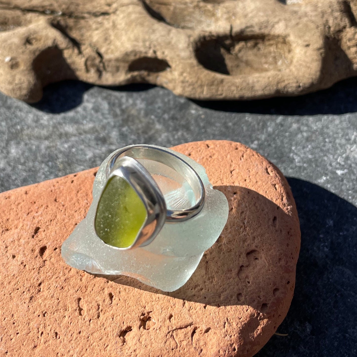 Light Olive Green Sea Glass Ring - Size 7.5