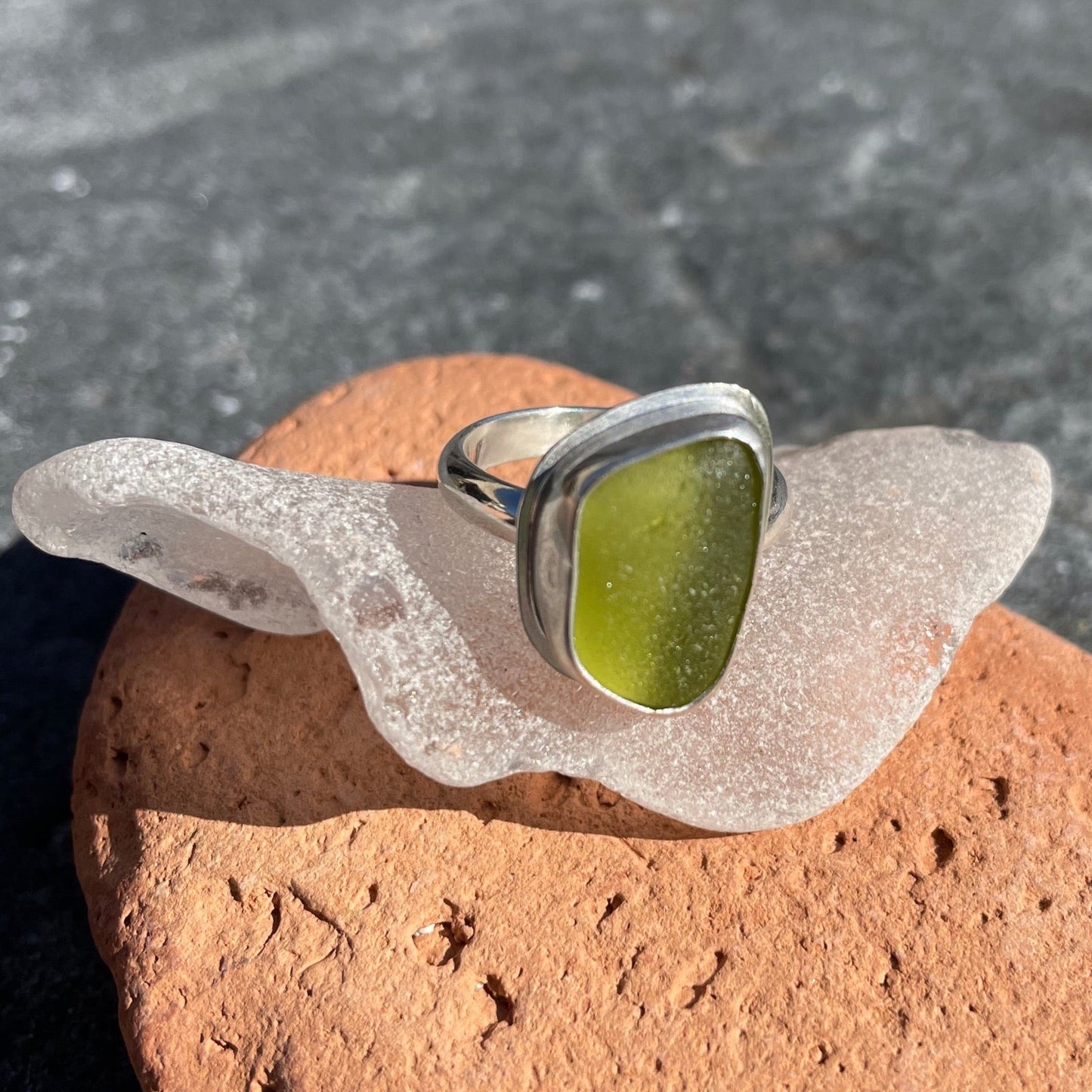 Light Olive Green Sea Glass Ring - Size 7.5