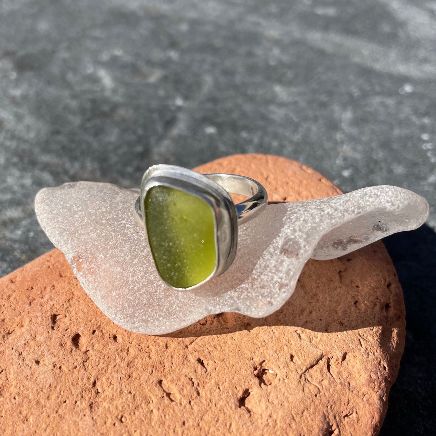 Light Olive Green Sea Glass Ring - Size 7.5