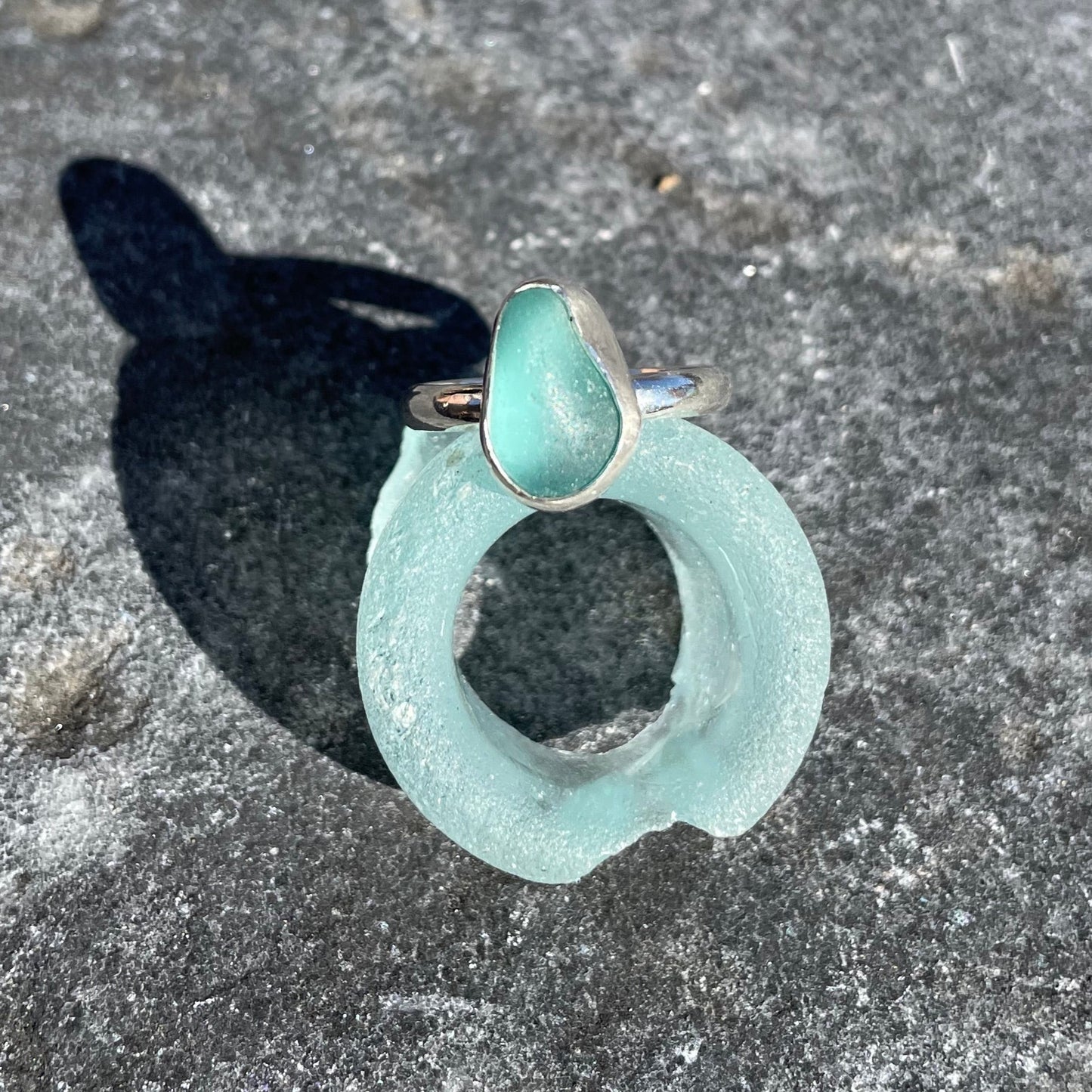 Teal Blue Sea Glass Ring - Size 8.25