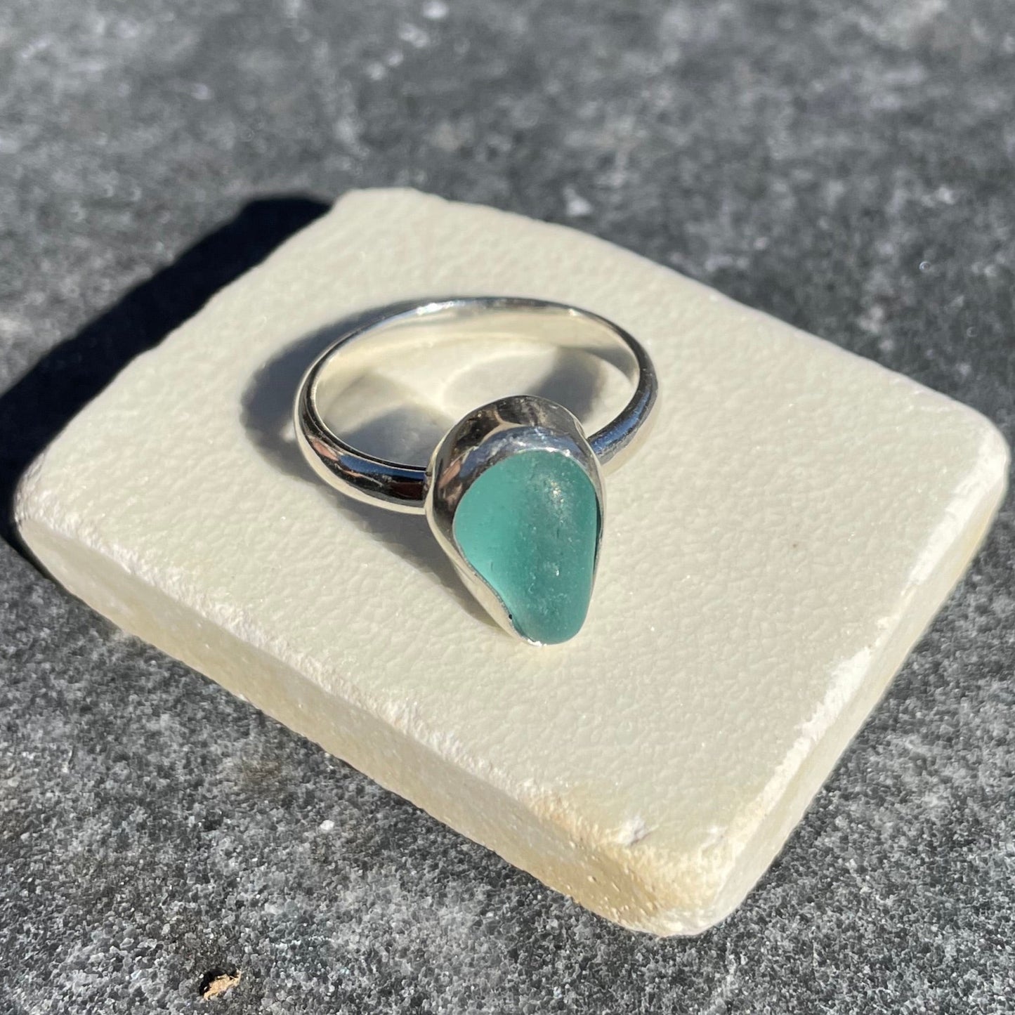 Teal Blue Sea Glass Ring - Size 8.25