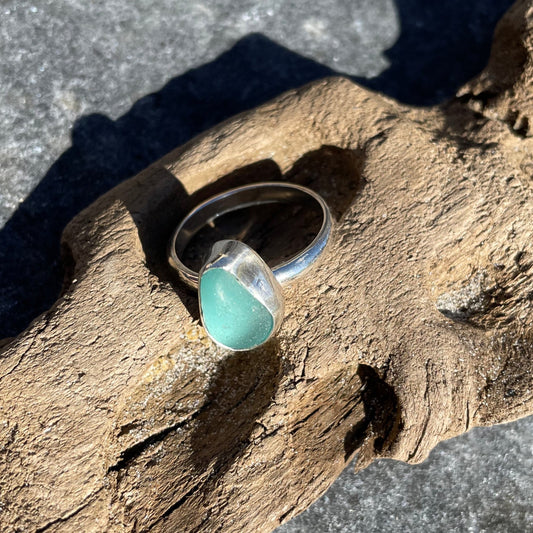 Teal Blue Sea Glass Ring - Size 8.25