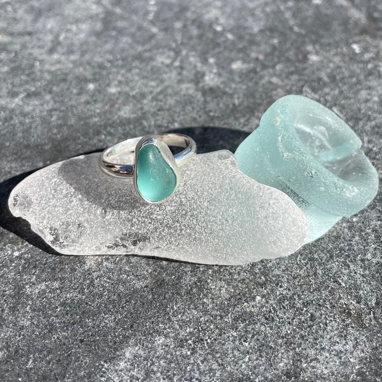 Teal Blue Sea Glass Ring - Size 8.25