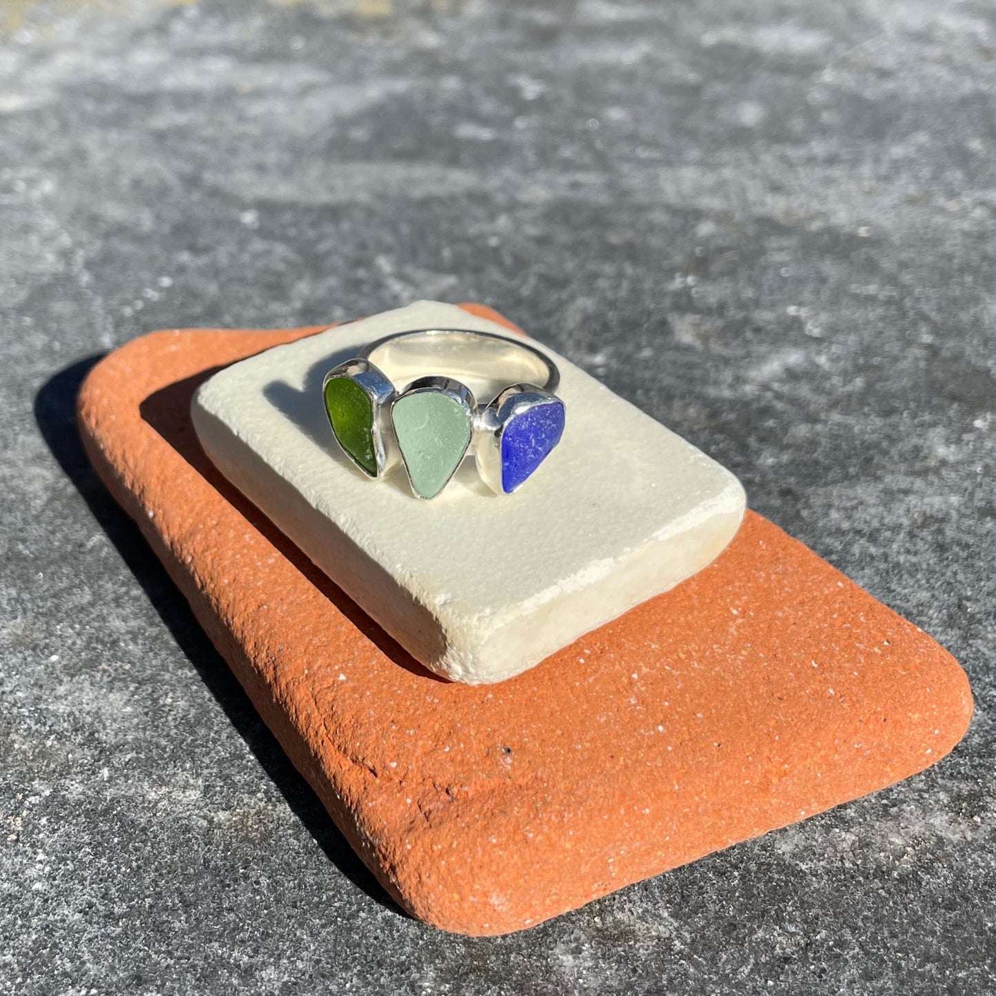 Tri-Colored Sea Glass Ring  -Size 8