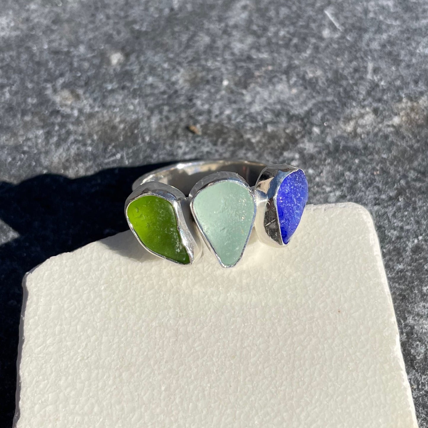 Tri-Colored Sea Glass Ring  -Size 8