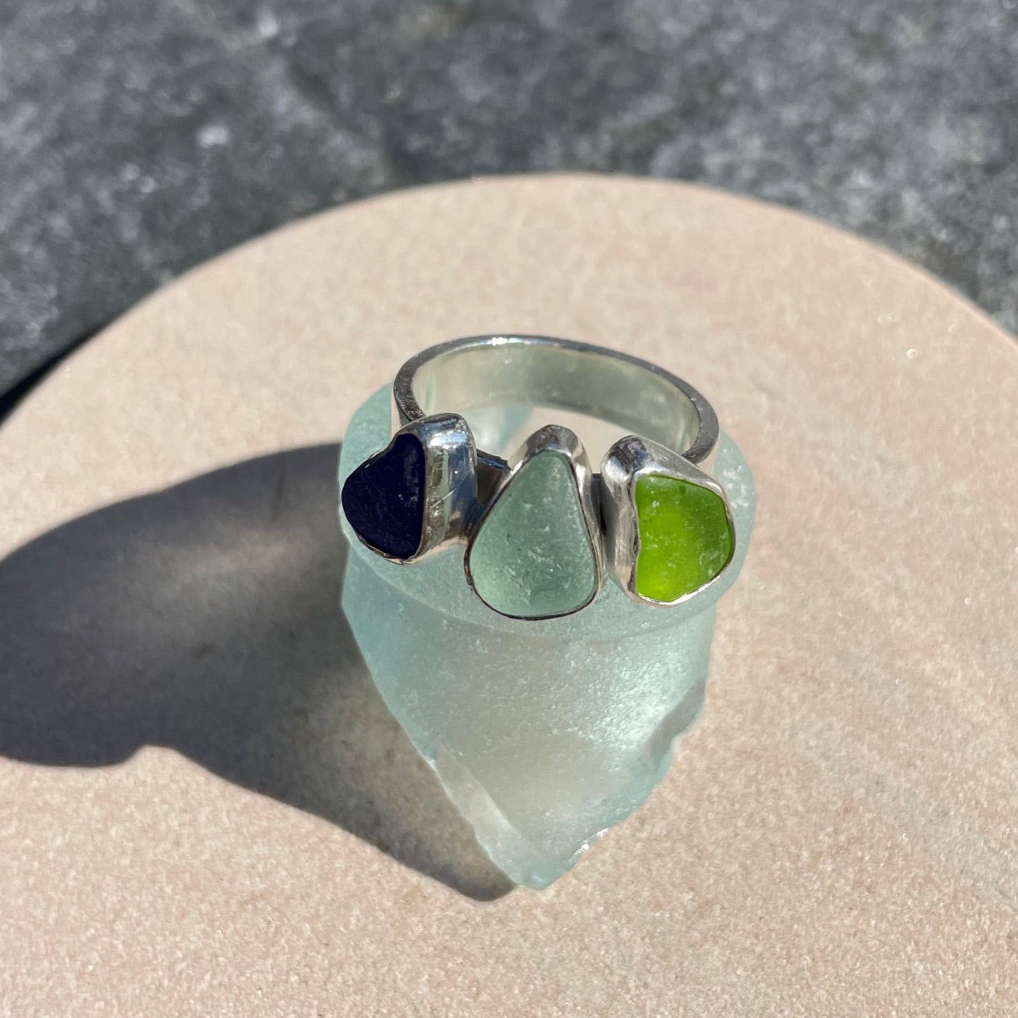 Tri-Colored Sea Glass Ring  -Size 8