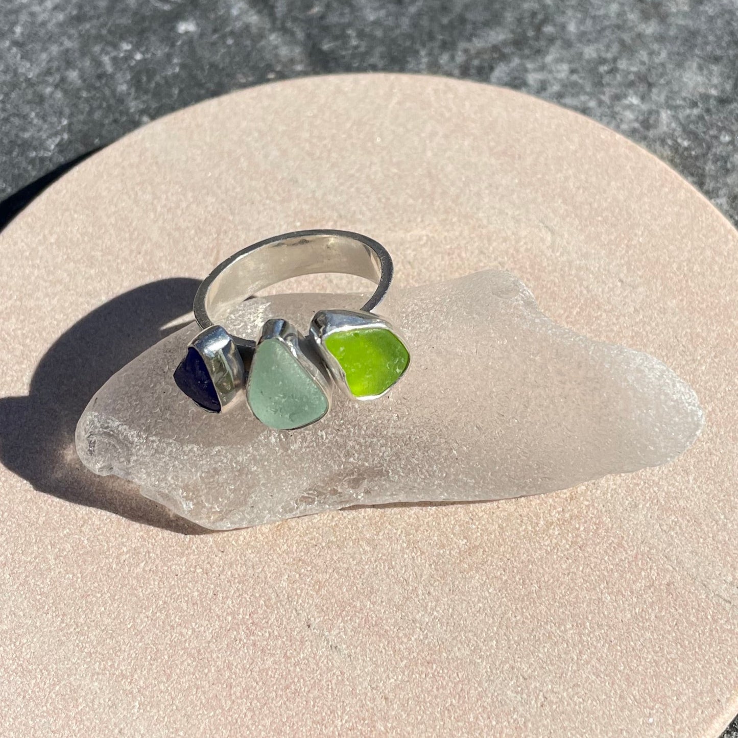 Tri-Colored Sea Glass Ring  -Size 8