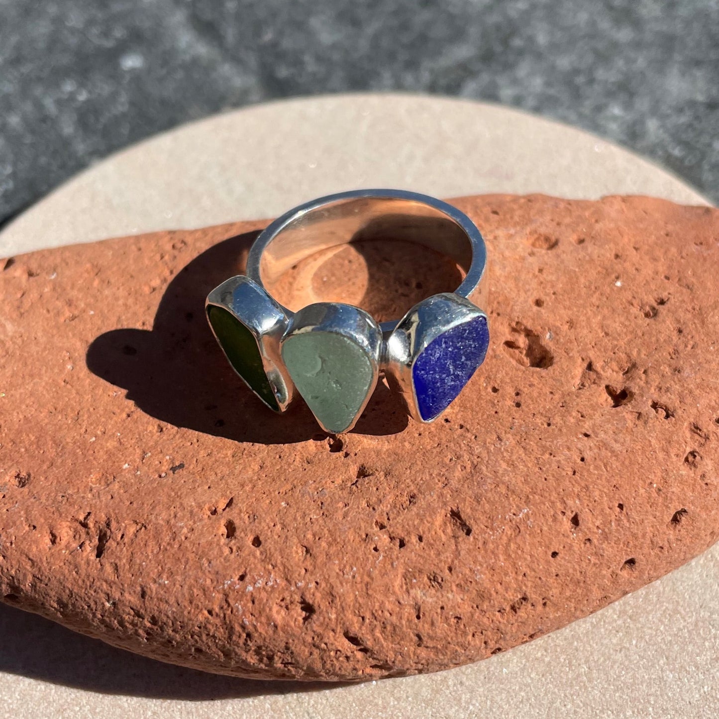 Tri-Colored Sea Glass Ring  -Size 8