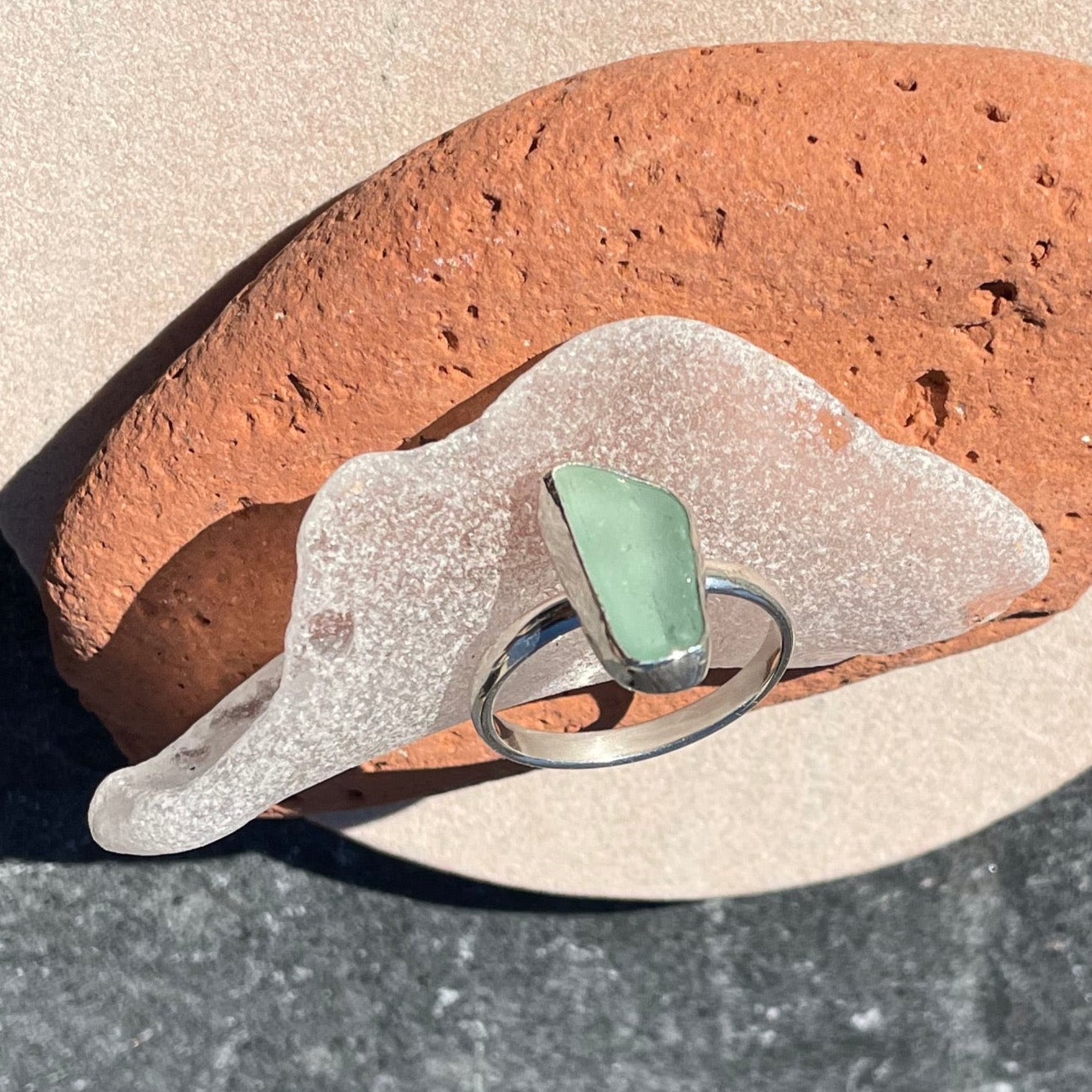 Light Teal Blue Sea Glass Ring - Size 8.5