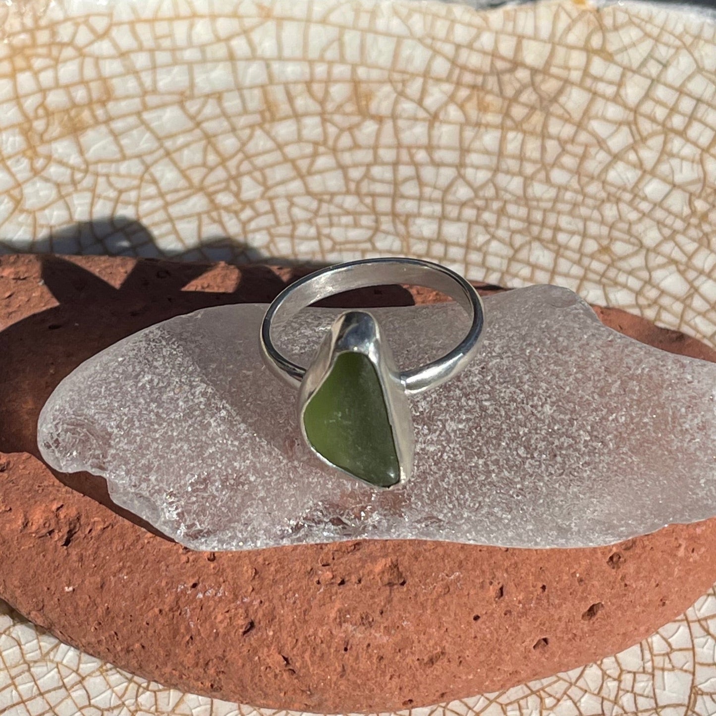 Sage Green Sea Glass Ring - Size 7