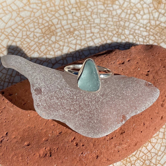 Sea Foam Blue Sea Glass Ring - Size 6.75