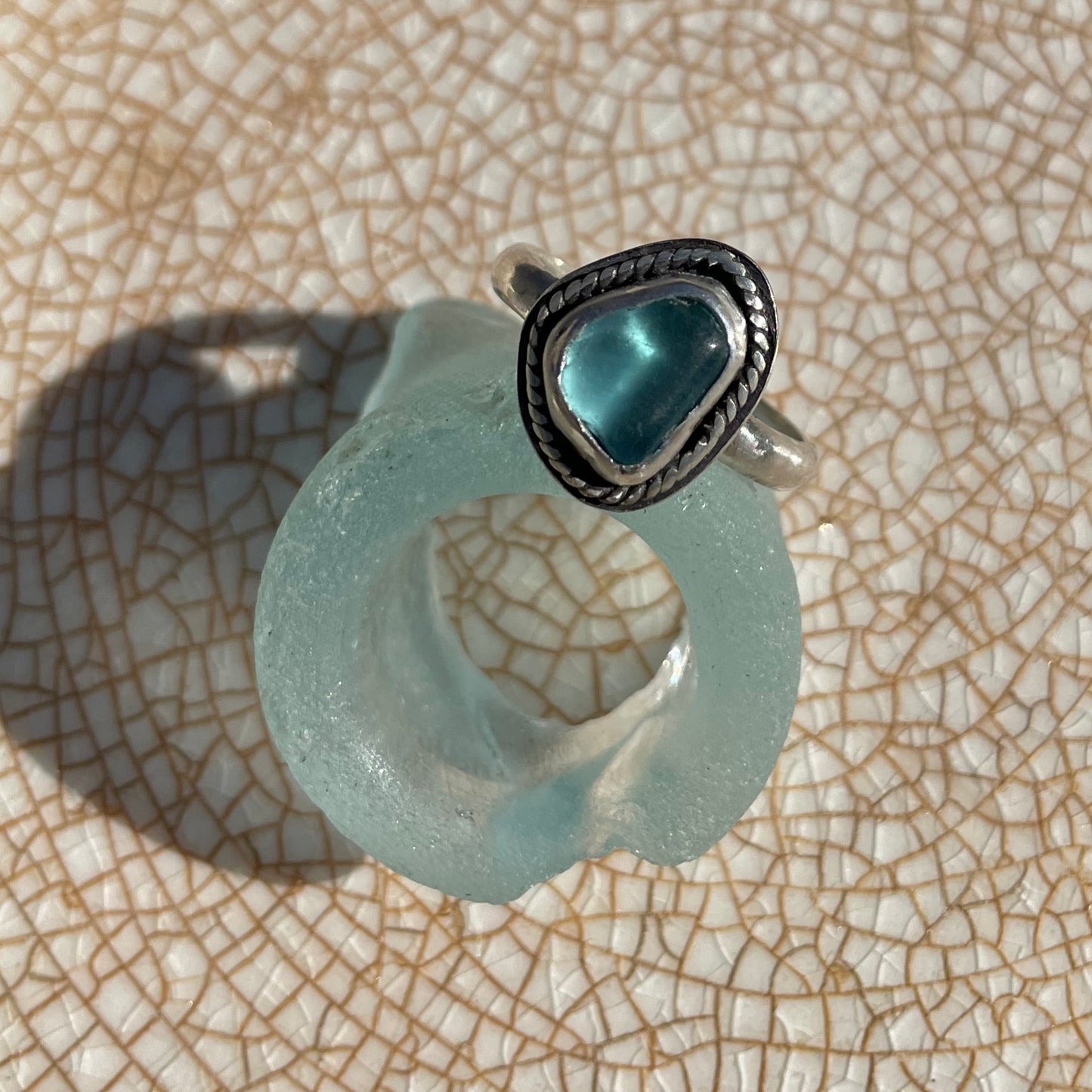 Twisted Teal Blue Sea Glass Ring - Size 7