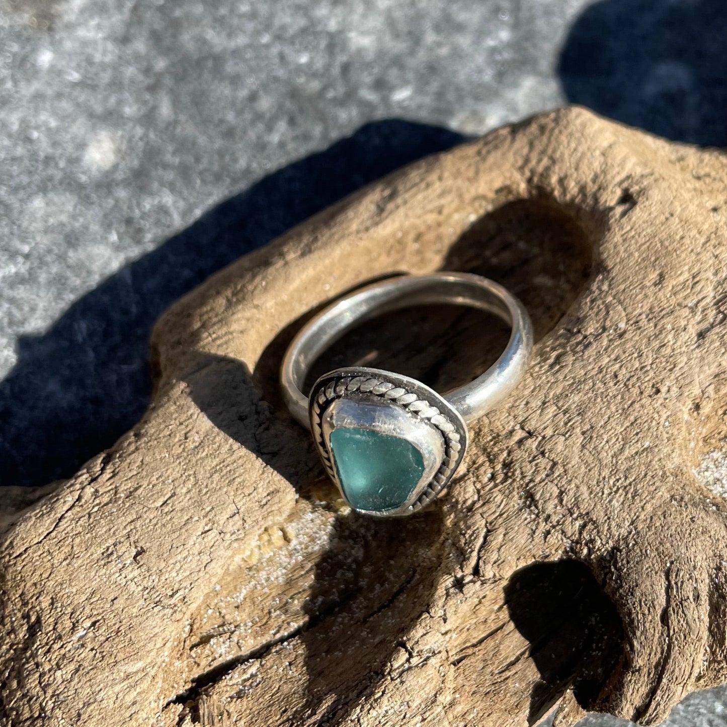 Twisted Teal Blue Sea Glass Ring - Size 7