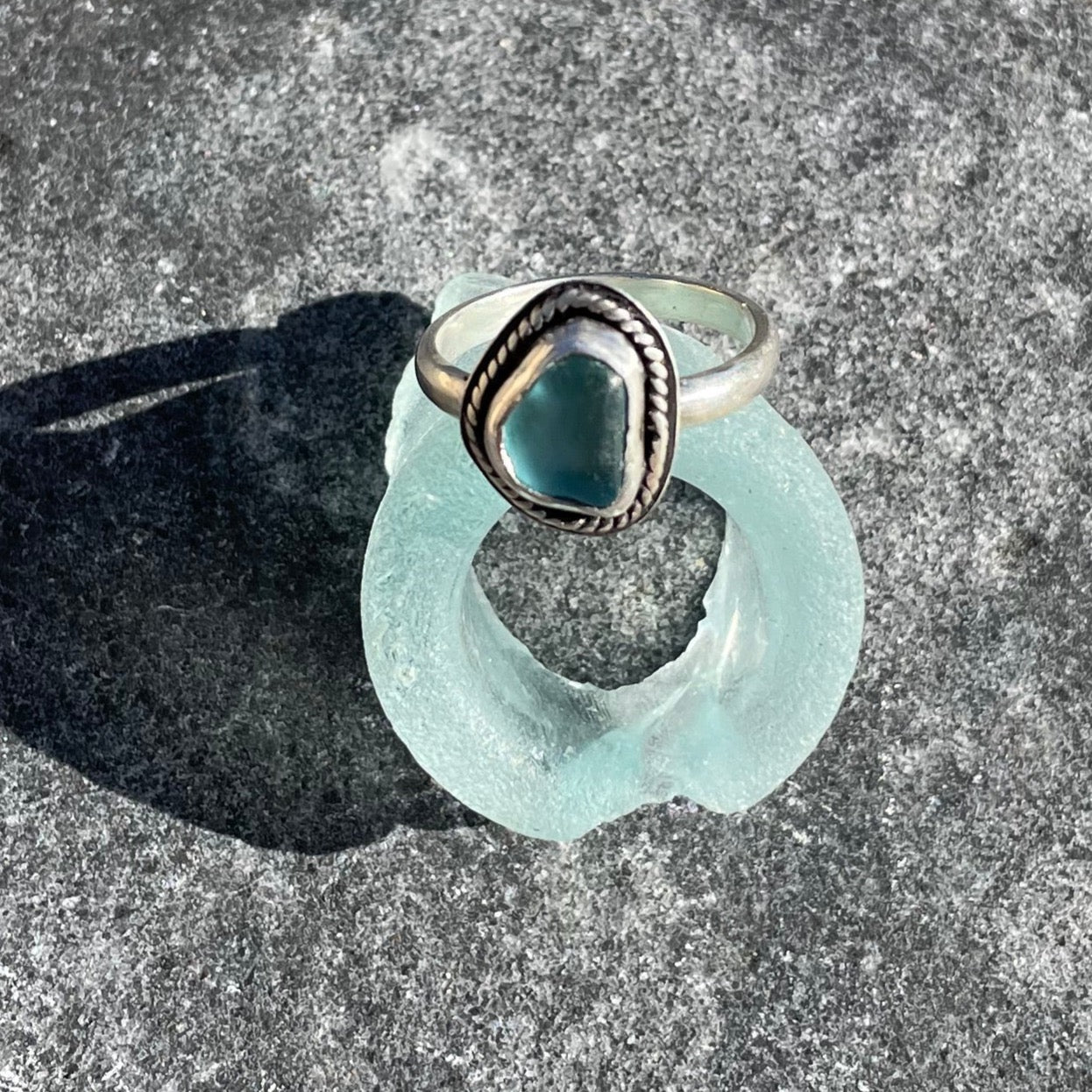 Twisted Teal Blue Sea Glass Ring - Size 7