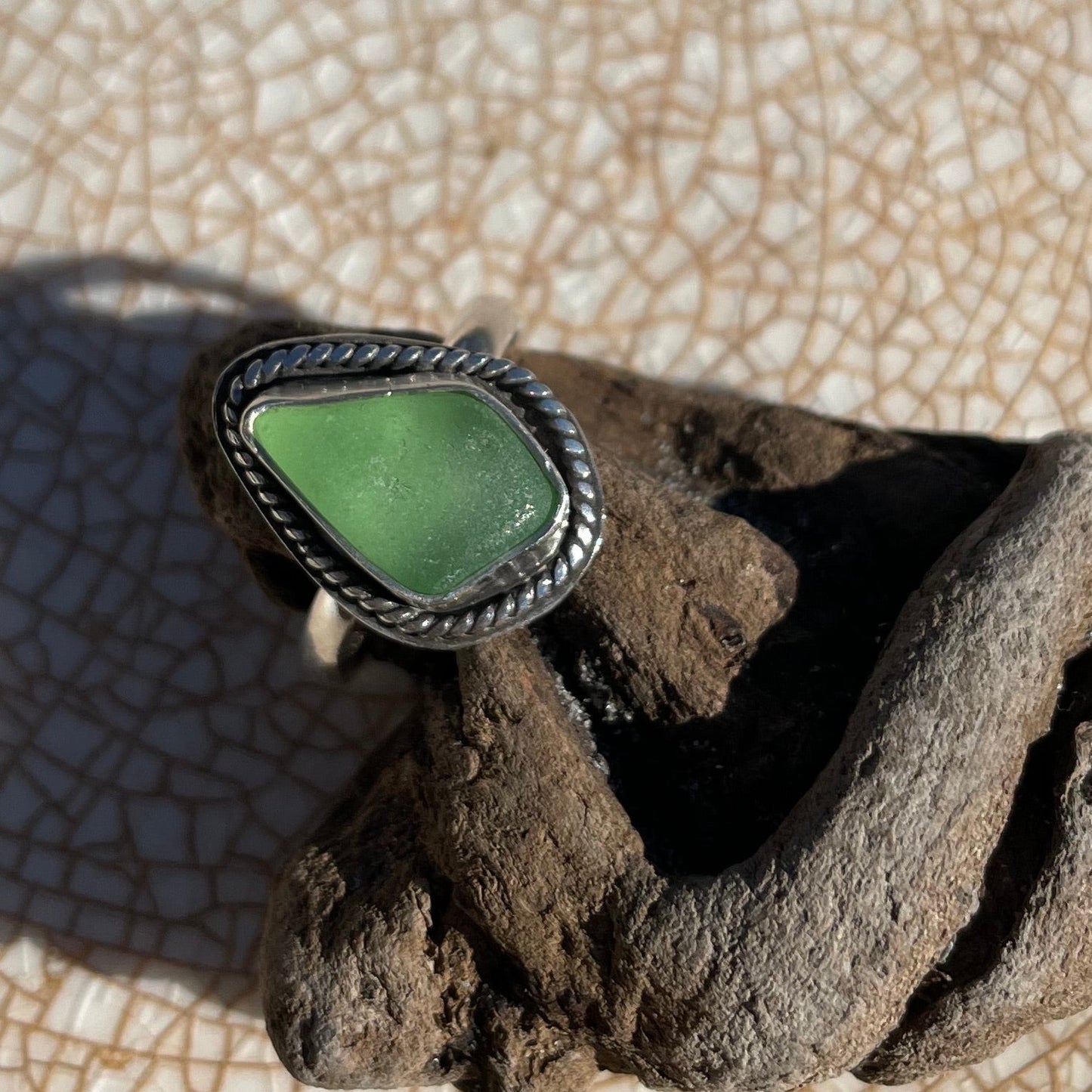 Twisted Light Sage Green Sea Glass Ring - Size 6.75