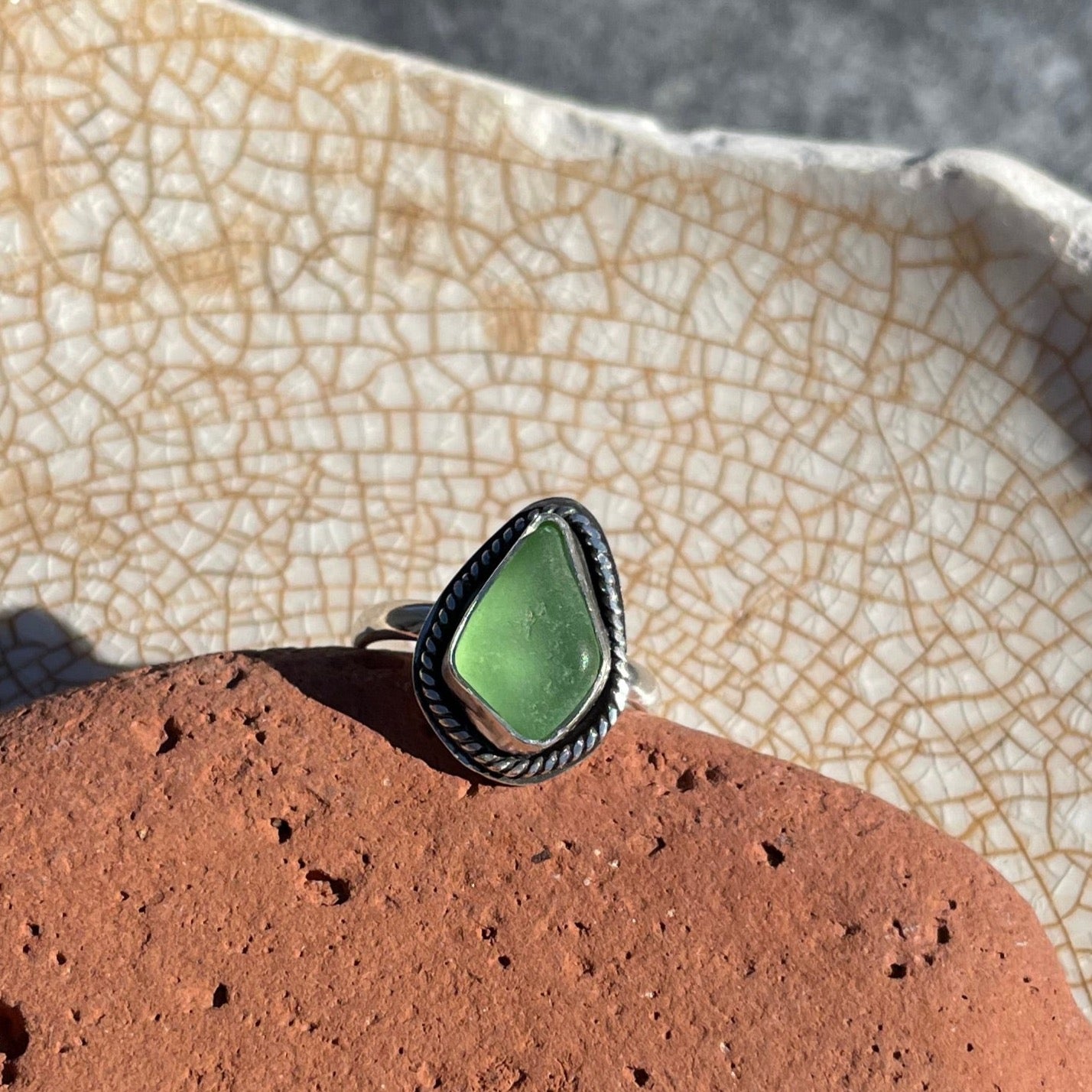 Twisted Light Sage Green Sea Glass Ring - Size 6.75