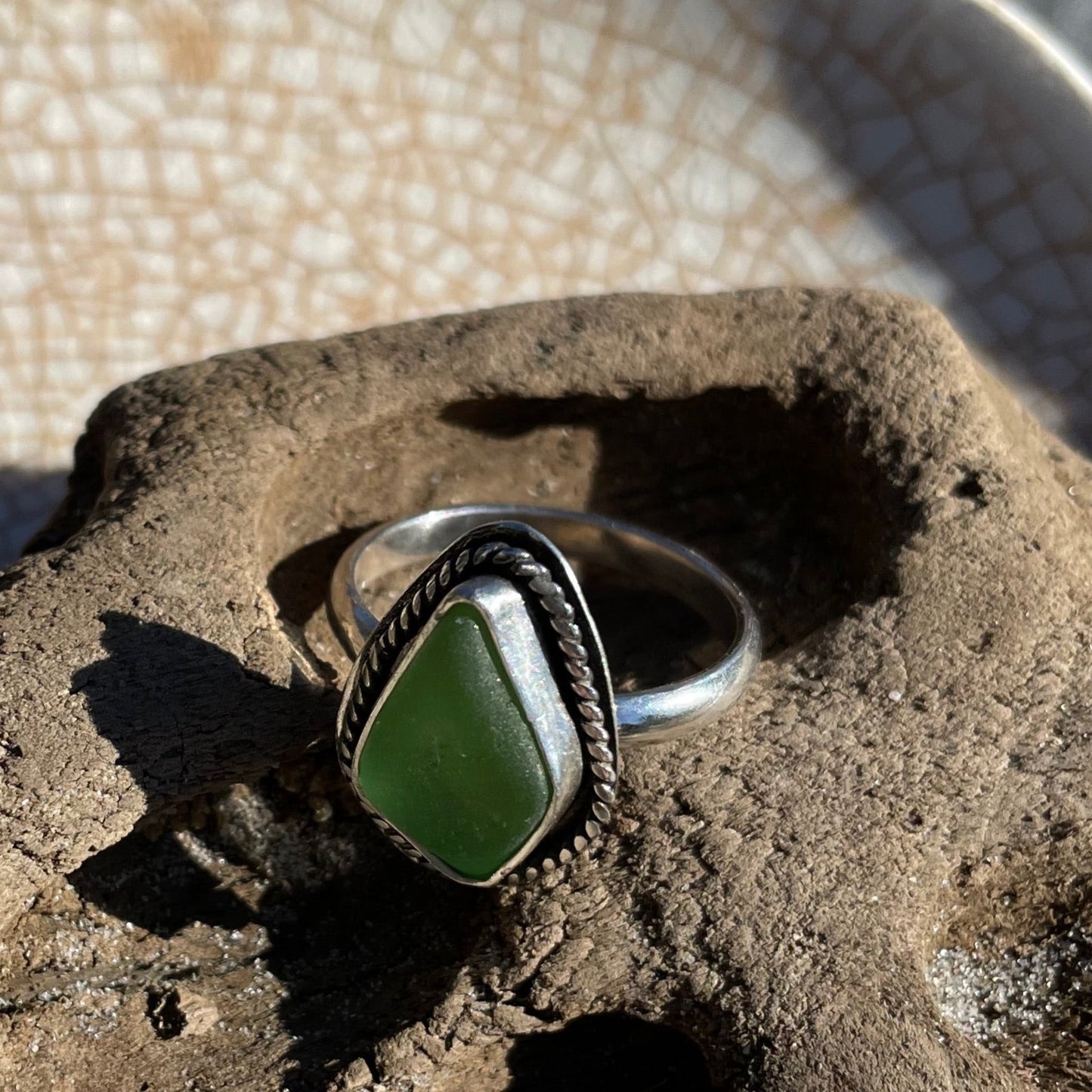 Twisted Light Sage Green Sea Glass Ring - Size 6.75