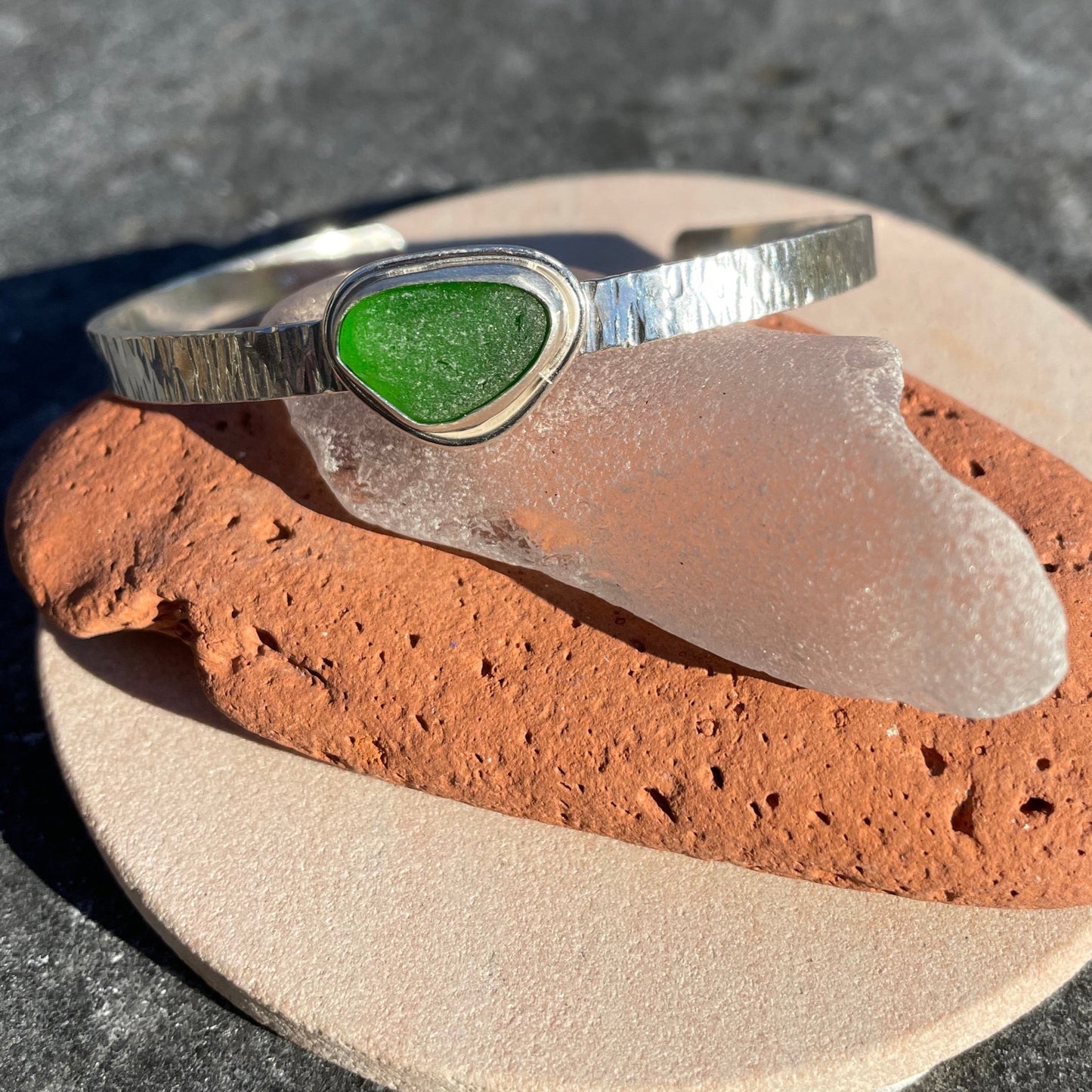 Emerald Green Hammered Sea Glass Cuff Bracelet