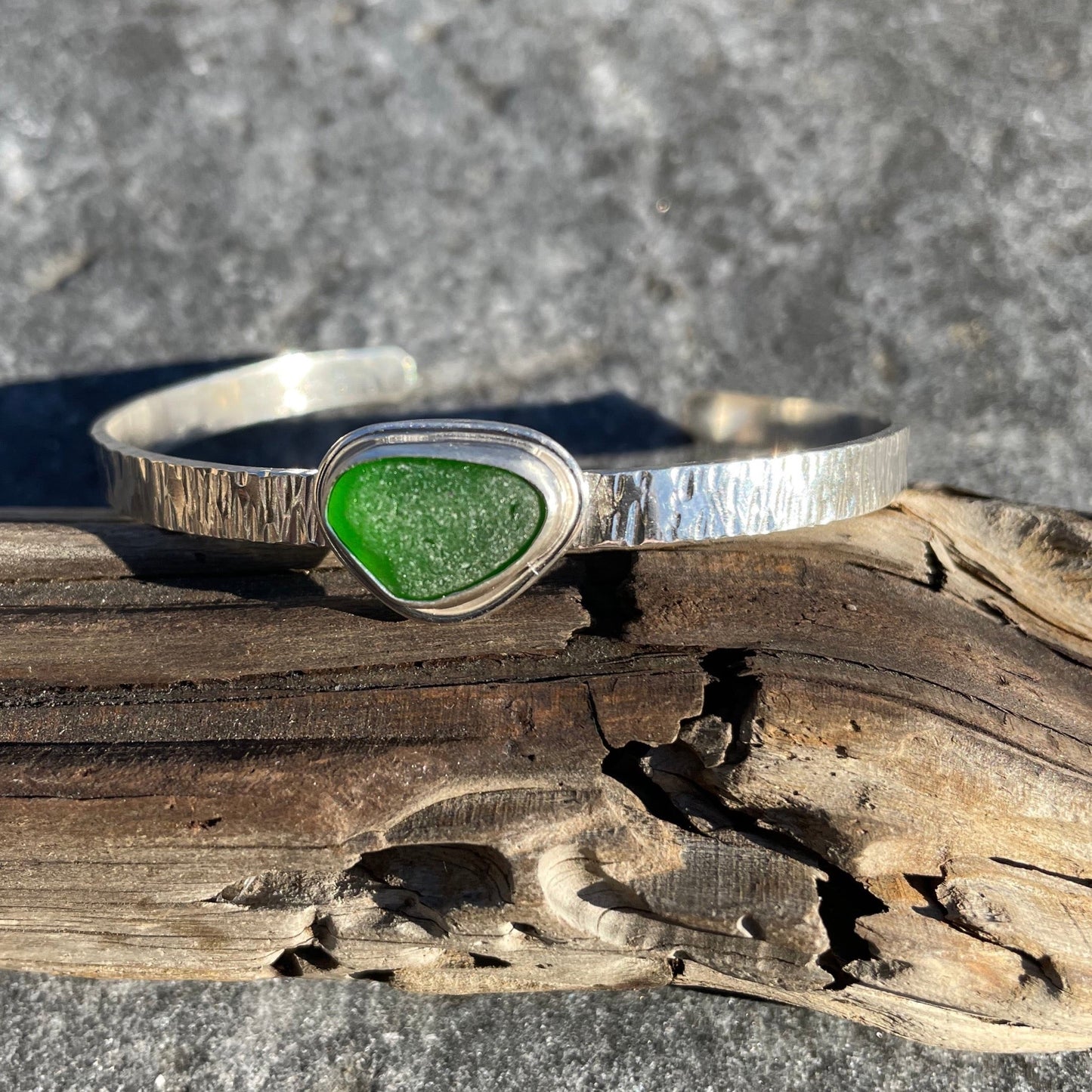 Emerald Green Hammered Sea Glass Cuff Bracelet