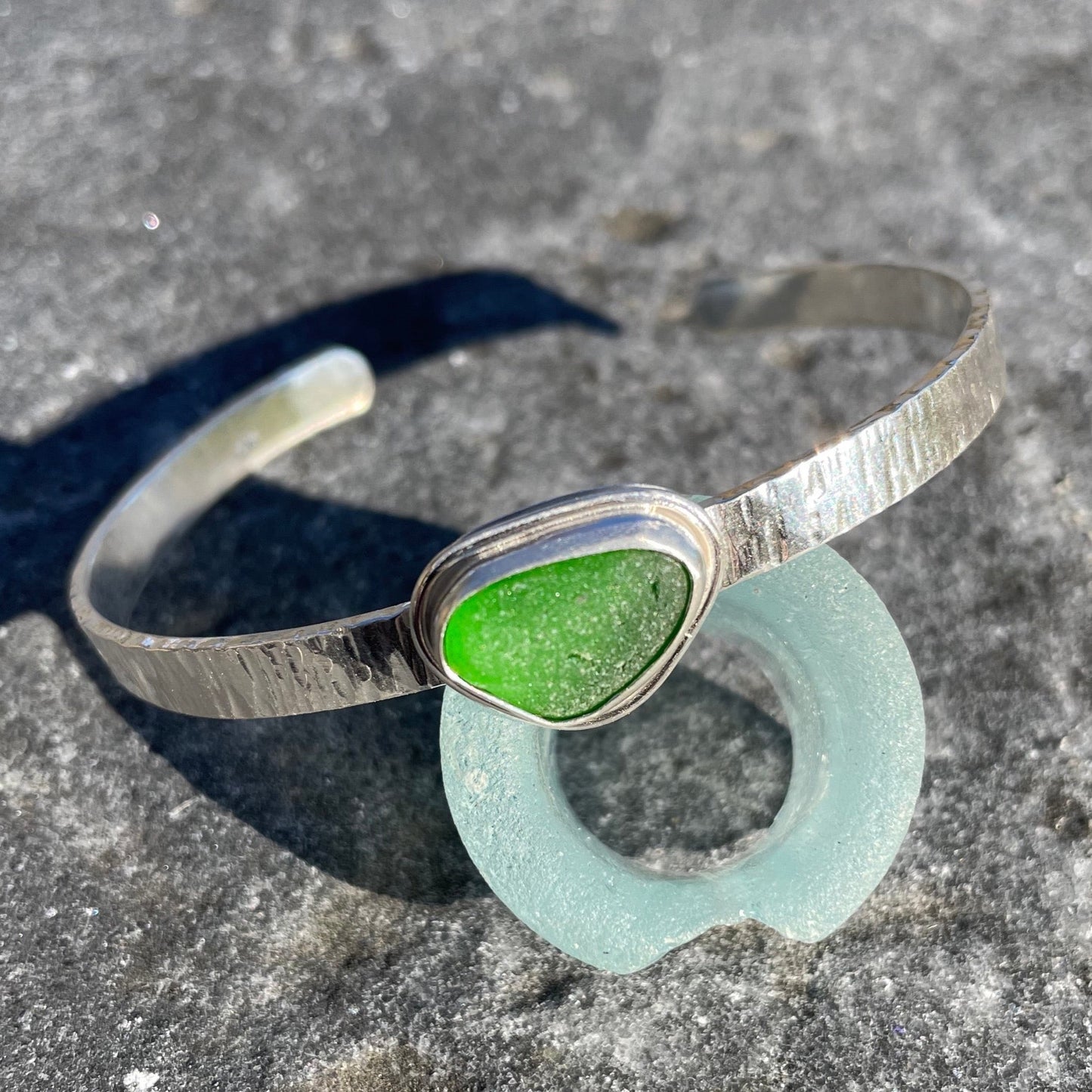 Emerald Green Hammered Sea Glass Cuff Bracelet