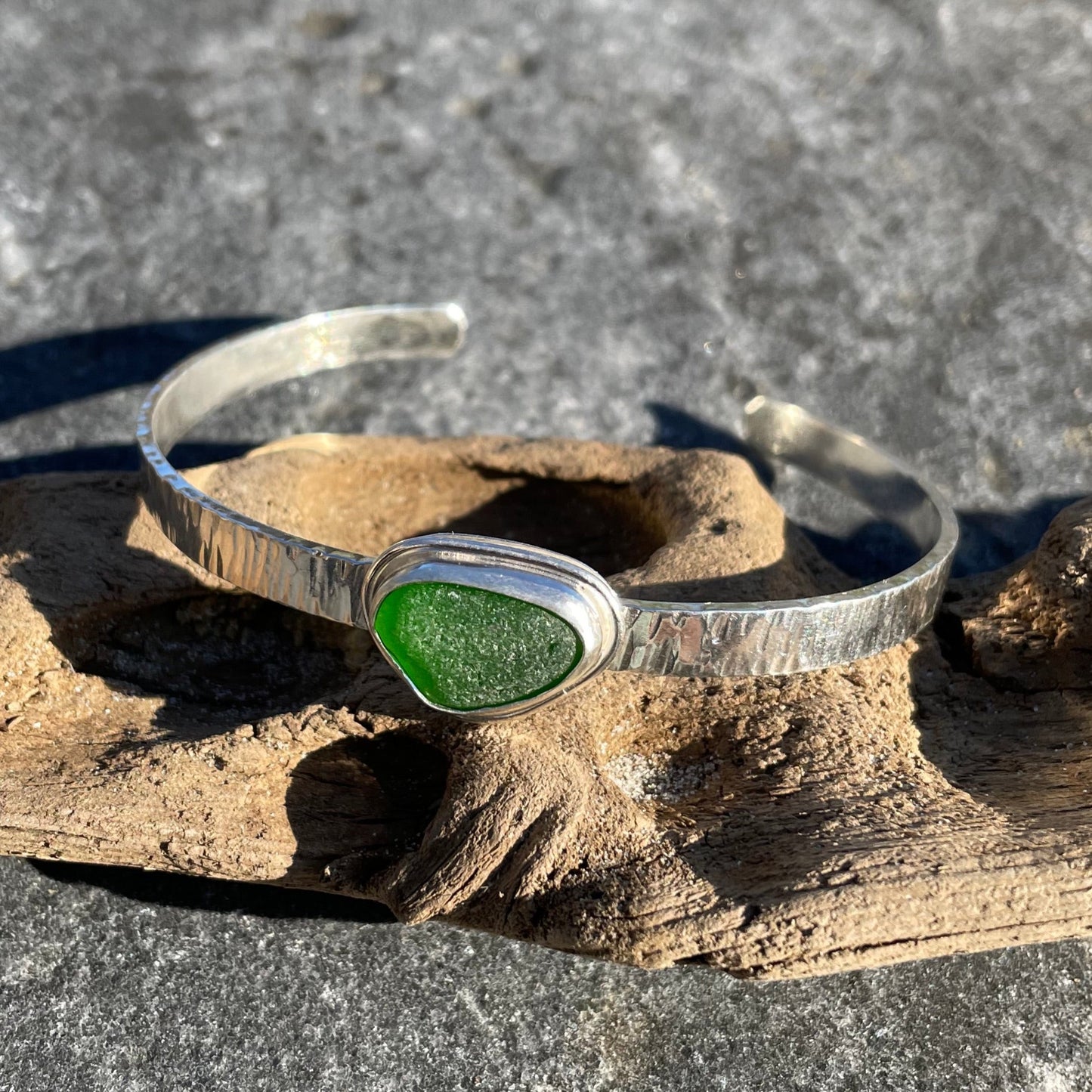 Emerald Green Hammered Sea Glass Cuff Bracelet