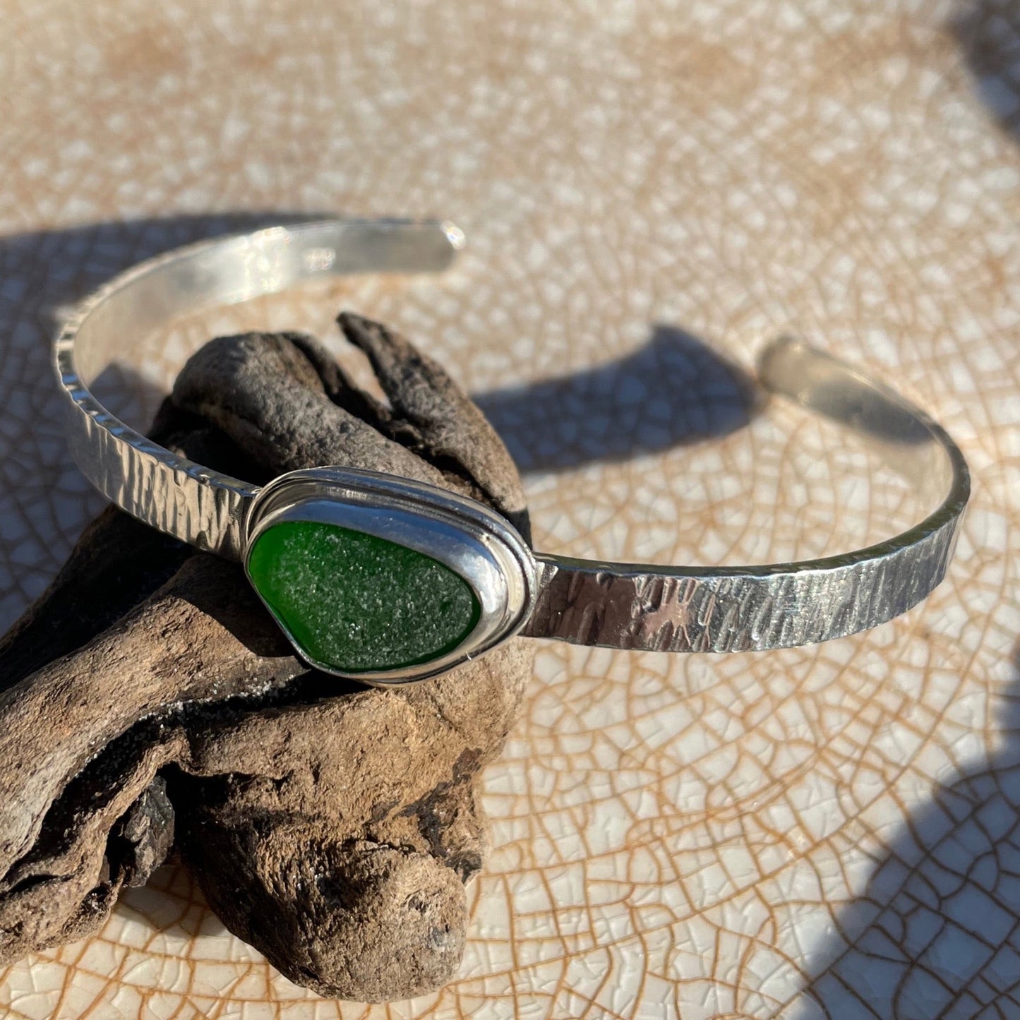 Emerald Green Hammered Sea Glass Cuff Bracelet