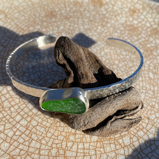 Emerald Green Hammered Sea Glass Cuff Bracelet