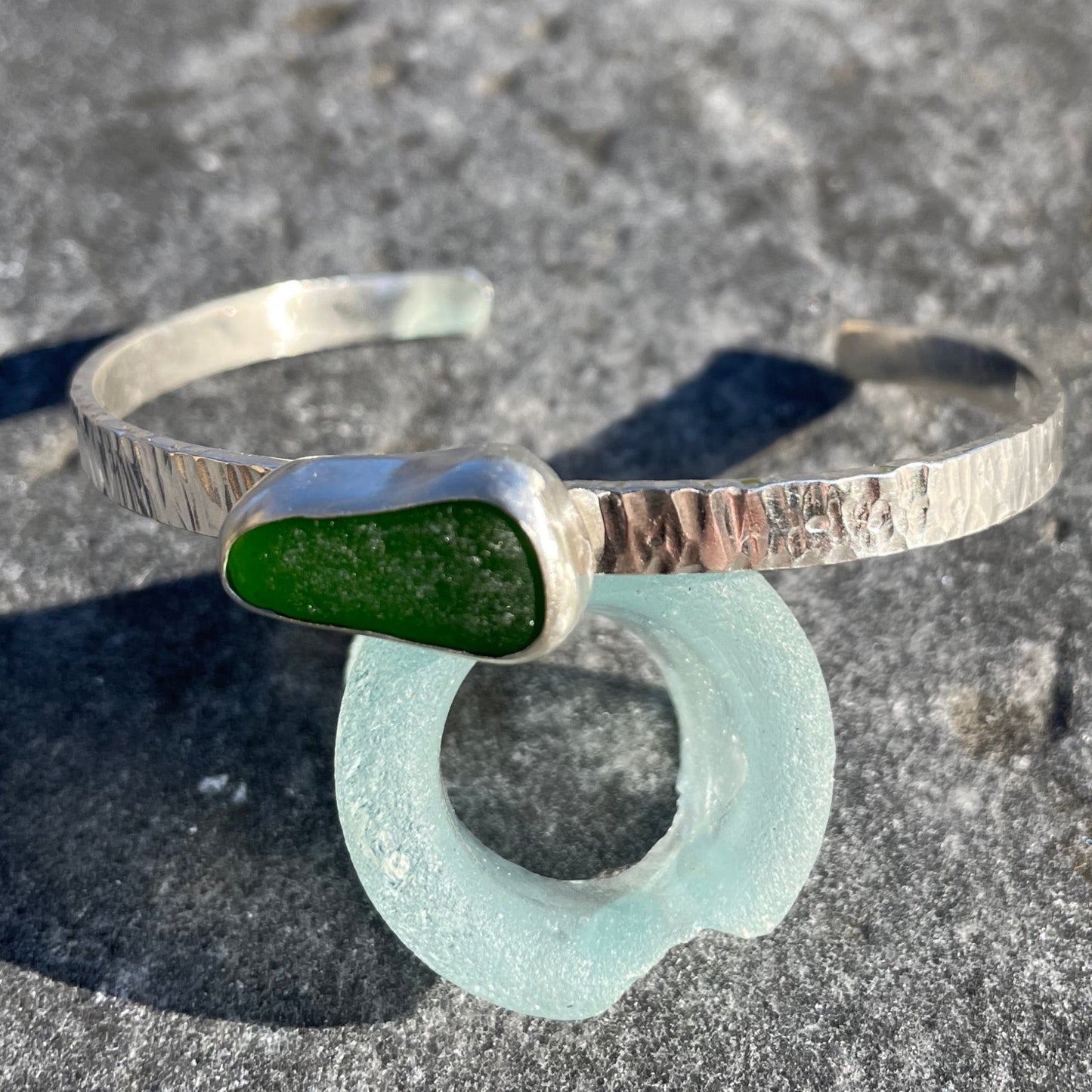 Emerald Green Hammered Sea Glass Cuff Bracelet