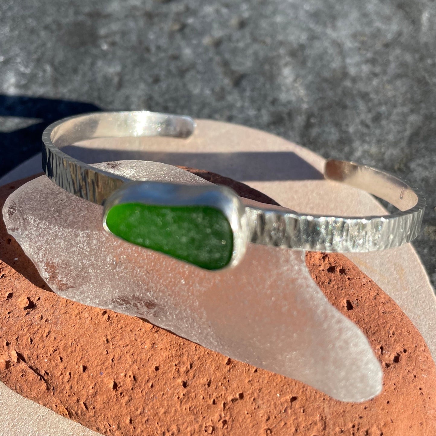 Emerald Green Hammered Sea Glass Cuff Bracelet