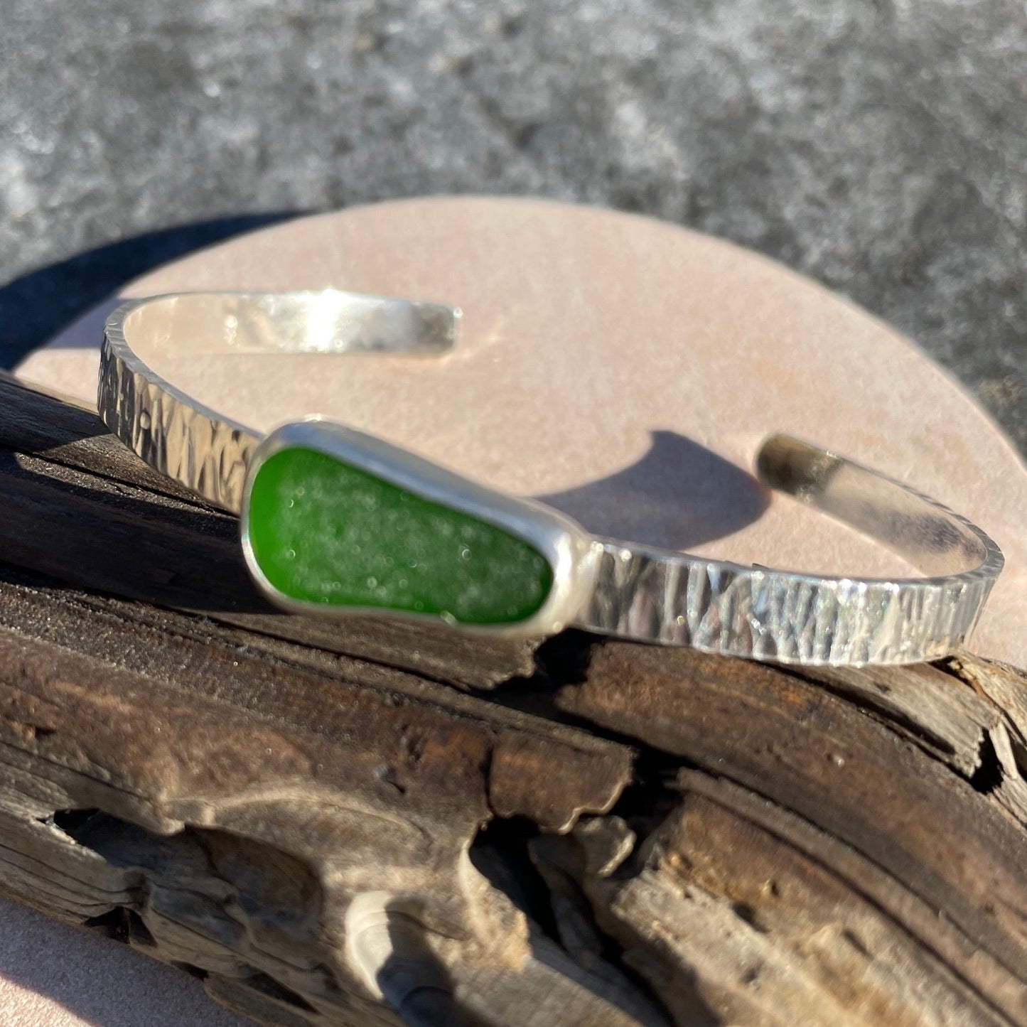 Emerald Green Hammered Sea Glass Cuff Bracelet