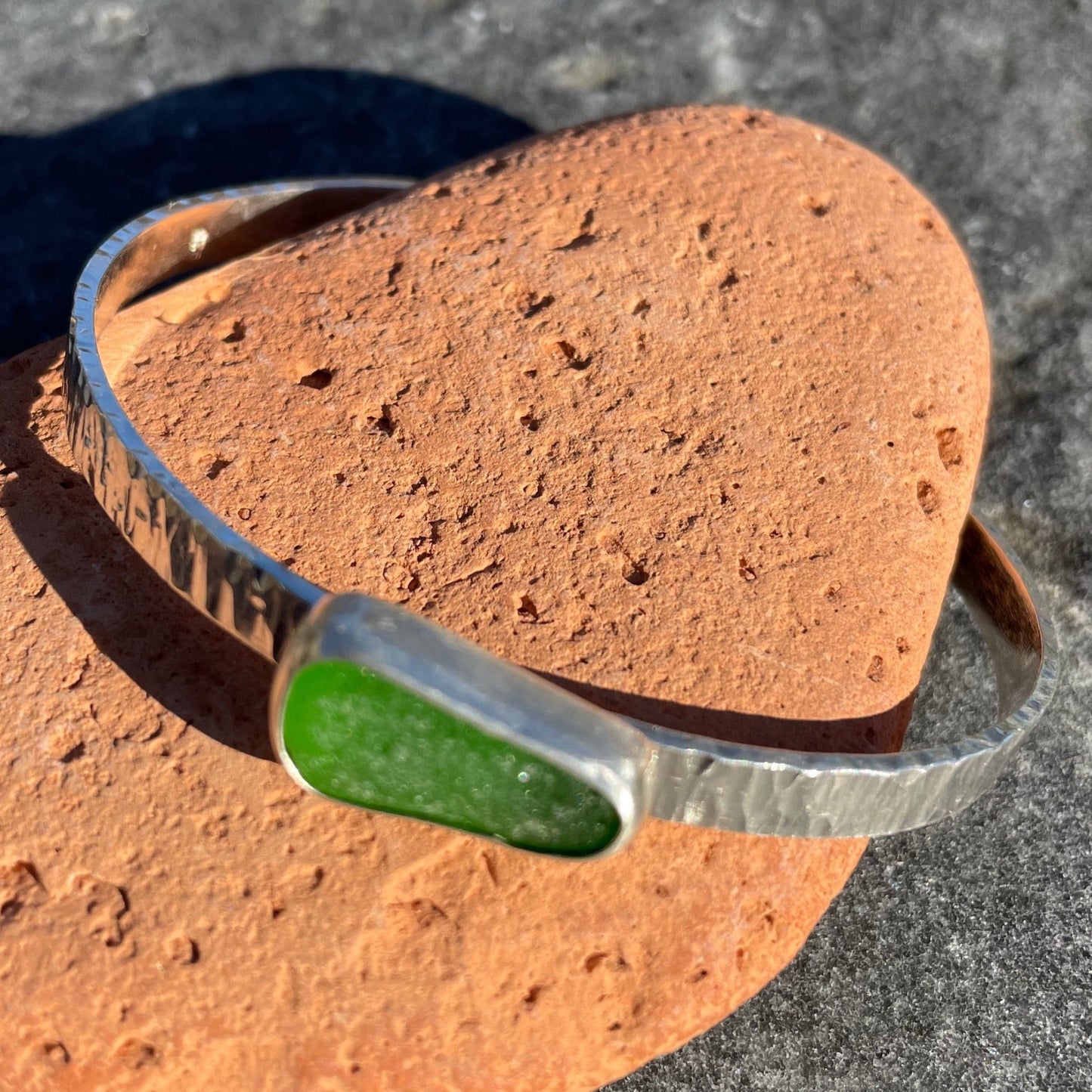 Emerald Green Hammered Sea Glass Cuff Bracelet